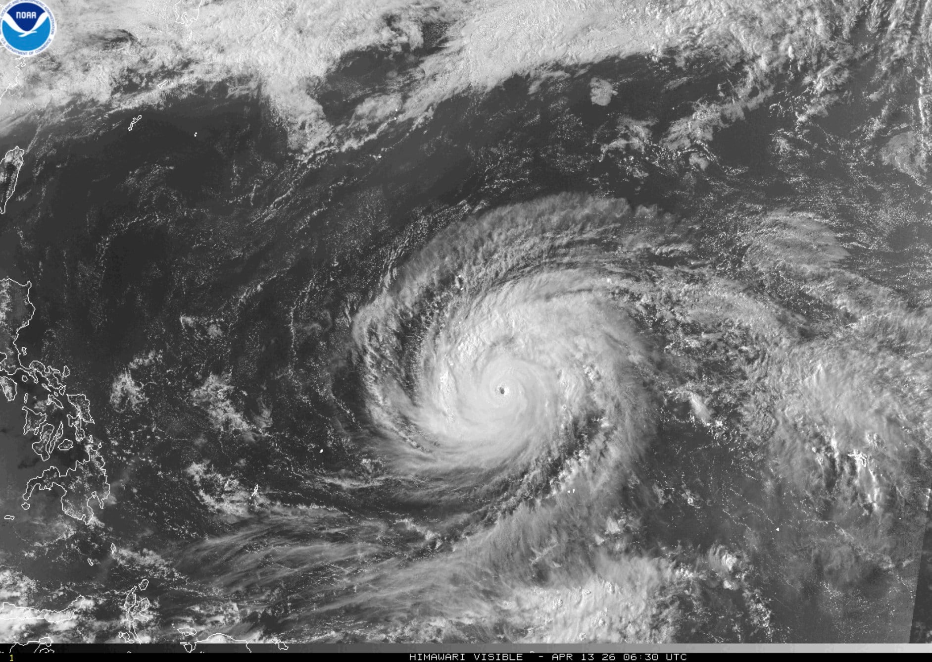 A satellite image provided by the National Oceanographic and Atmospheric Administration (NOAA) shows super typhoon Sinlakua in the Pacific Ocean on Monday. Photo: NOAA via AP