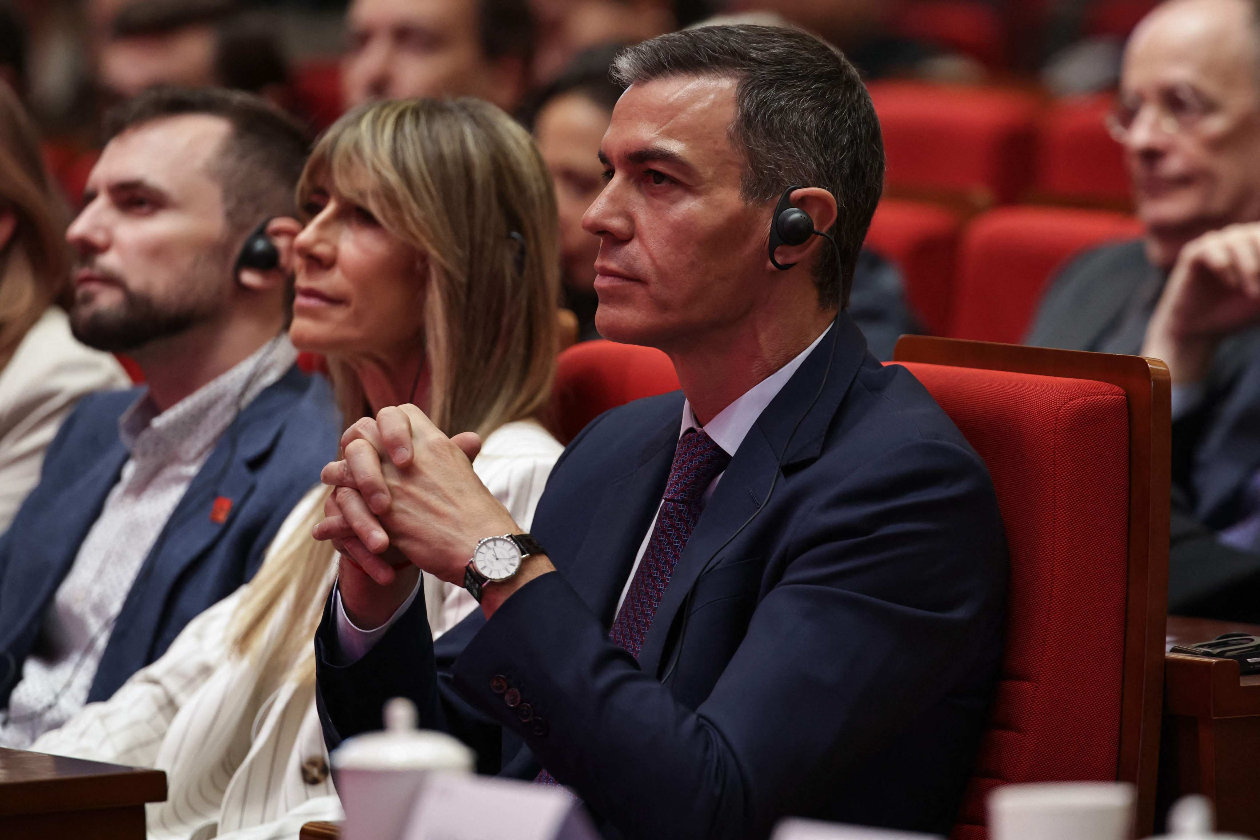 Spain’s Prime Minister Pedro Sanchez, right, and his wife Begona Gomez at Tsinghua University in Beijing on Monday. Photo: AFP