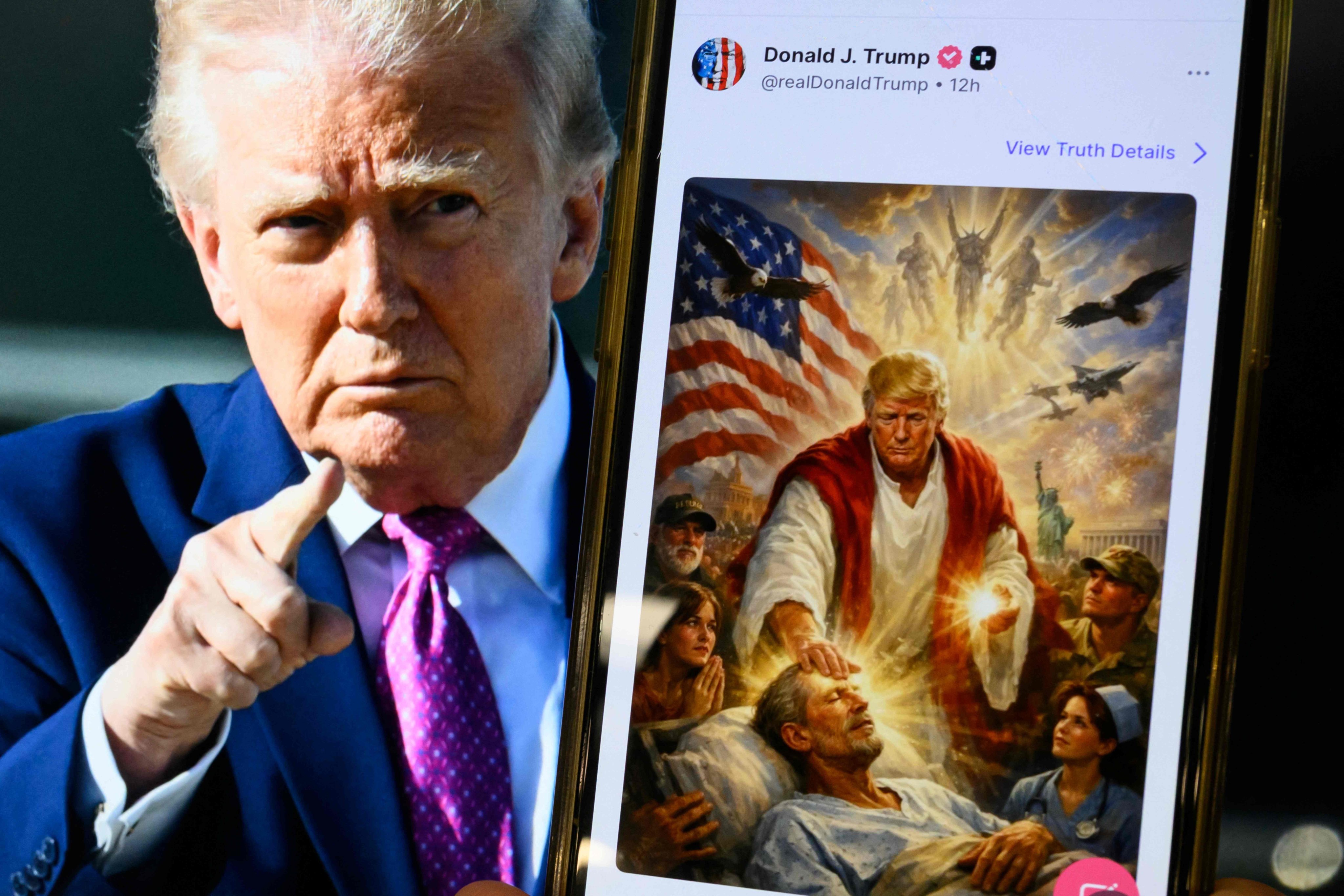 US President Donald Trump has deleted a social media post that seemingly depicted him as a Jesus Christ-like figure. Photo illustration: AFP