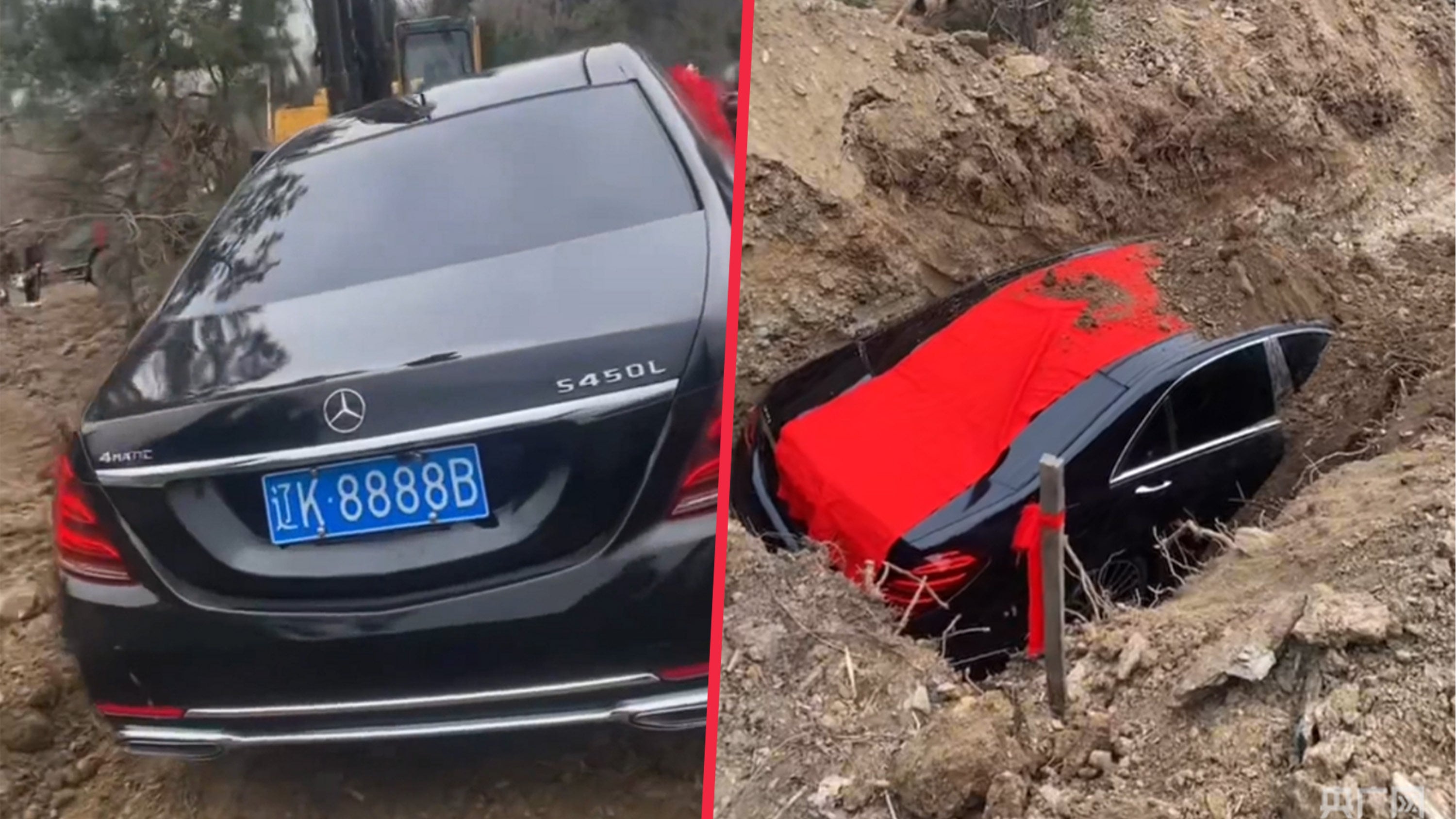 A Chinese family buried a real Mercedes-Benz with the auspicious license plate 8888 as an offering, which attracted significant attention. Photo: SCMP composite/Douyin