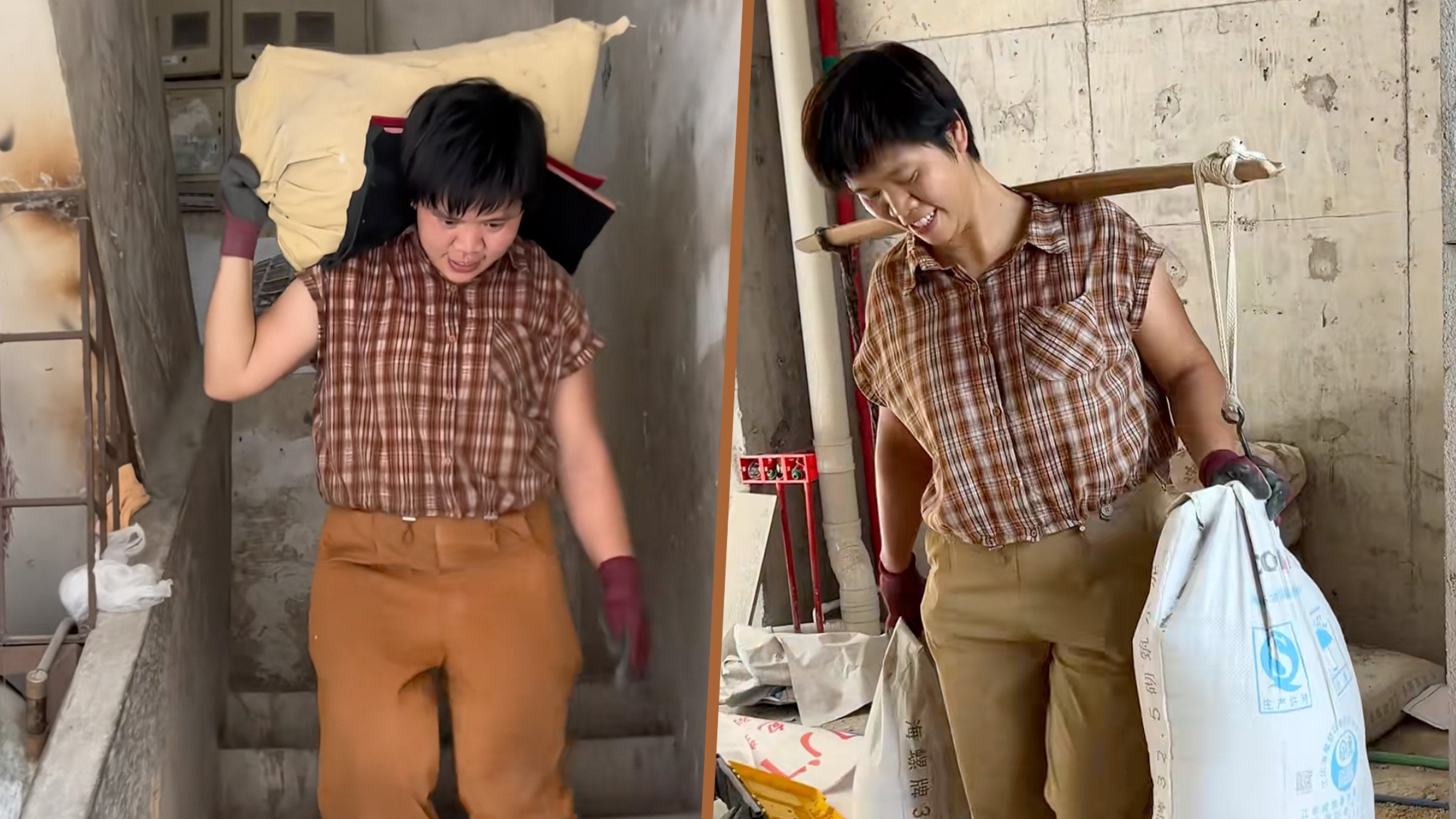 A 40-year-old single mother in China has inspired many with her strength, working at construction sites and carrying bags of cement for 16 years to support her child. Photo: SCMP composite/Douyin