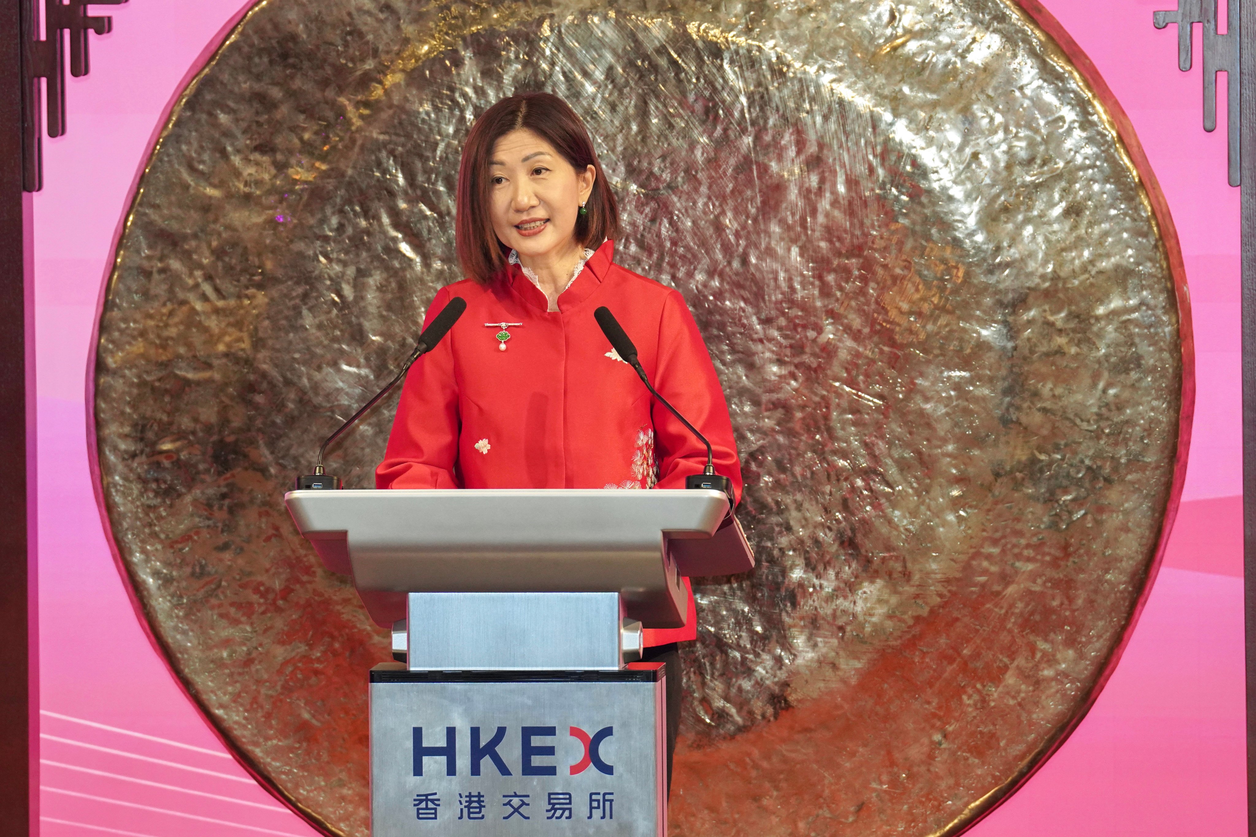 HKEX CEO Bonnie Chan Yiting speaks at the Chinese New Year Market Open Celebration at HKEX in Central, on February 20. Photo: Karma Lo