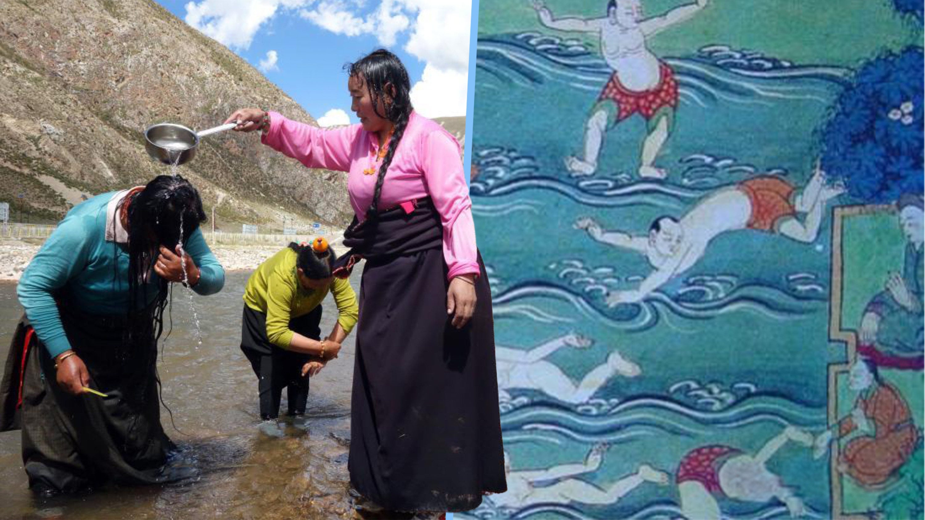 Tibets “Bathing Festival” lasts seven days, during which people of all ages bathe in natural waters, socialise and seek romantic partners through music. Photo: SCMP composite/Douyin/Zhihu