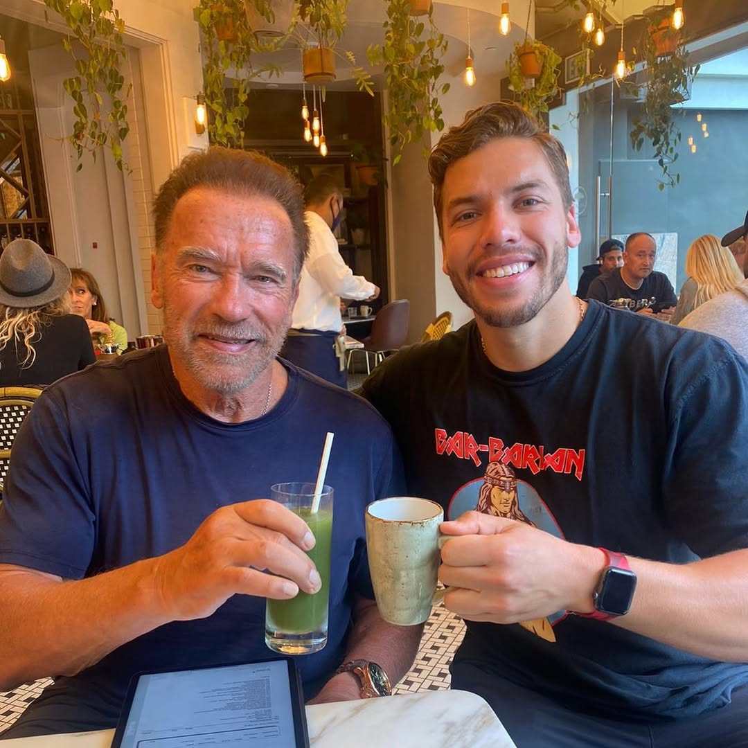 Joseph Baena (right) and his dad Arnold Schwarzenegger have lots in common, from acting to bodybuilding. Photo: @joebaena/Instagram