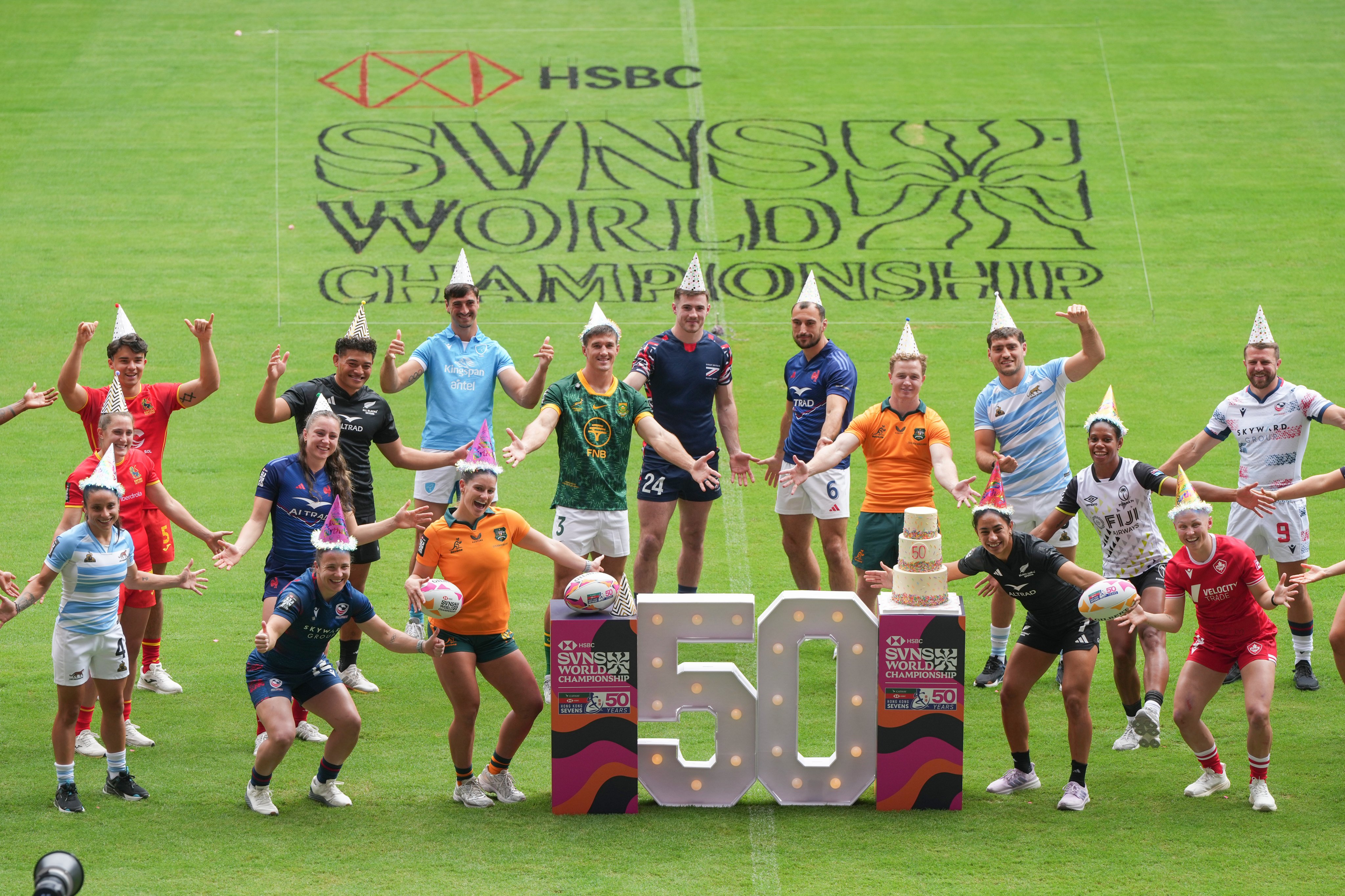 The men’s and women’s captains of Hong Kong Seven rugby teams pose for pictures in Kai Tak Stadium on April 15. Photo: Sam Tsang