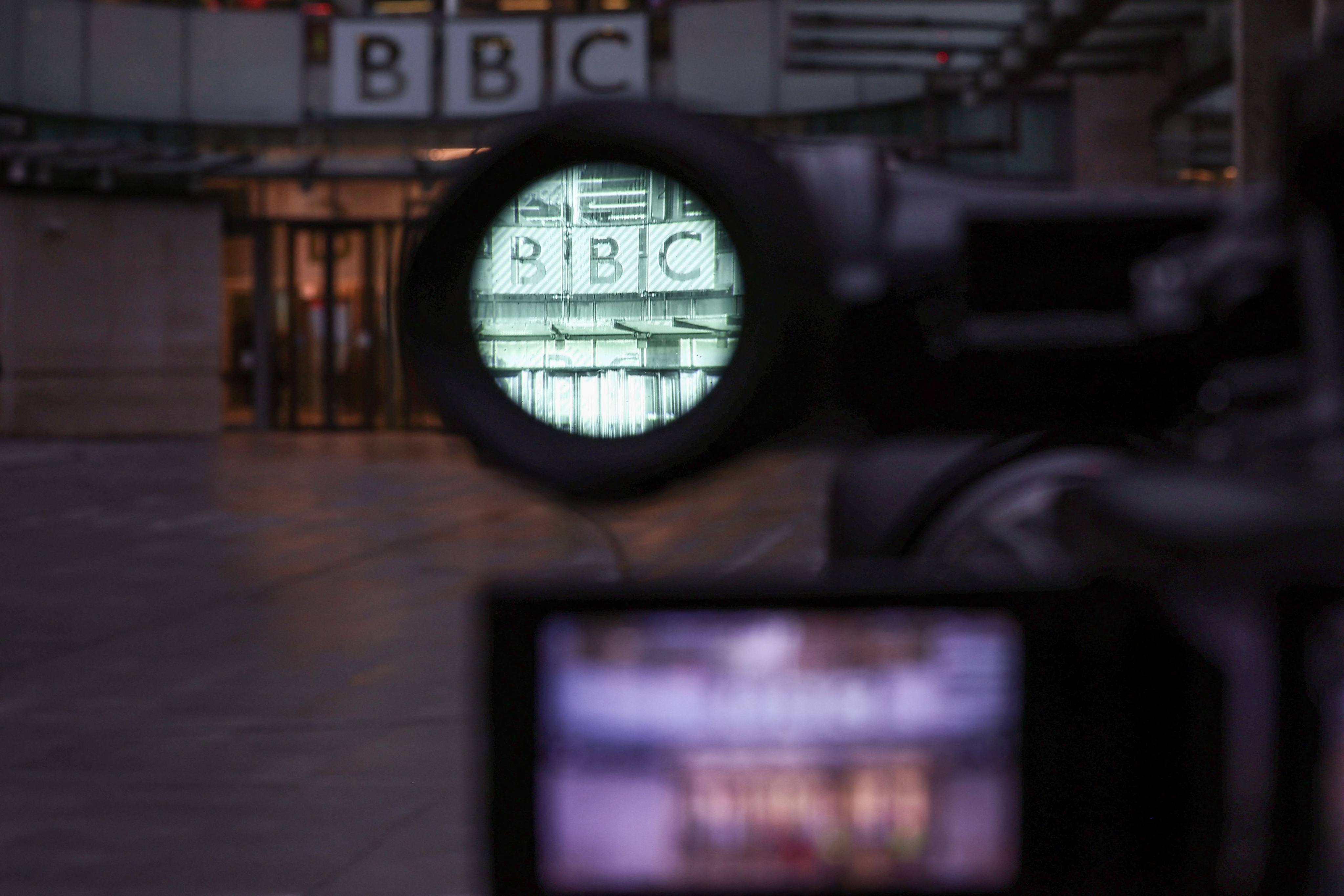 The viewfinder of a camera outside the offices of the BBC in London. Photo: AFP