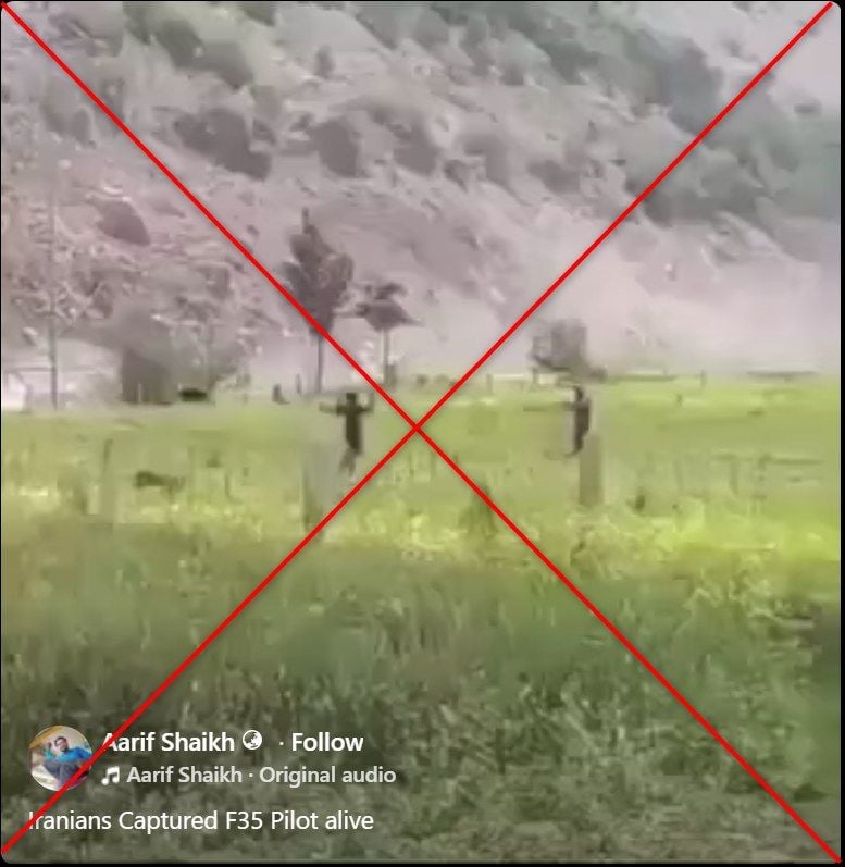 A screenshot showing scenes from a video falsely claiming to show a US pilot captured by Iran, with lines drawn through by the SCMP. Photo: Handout/SCMP