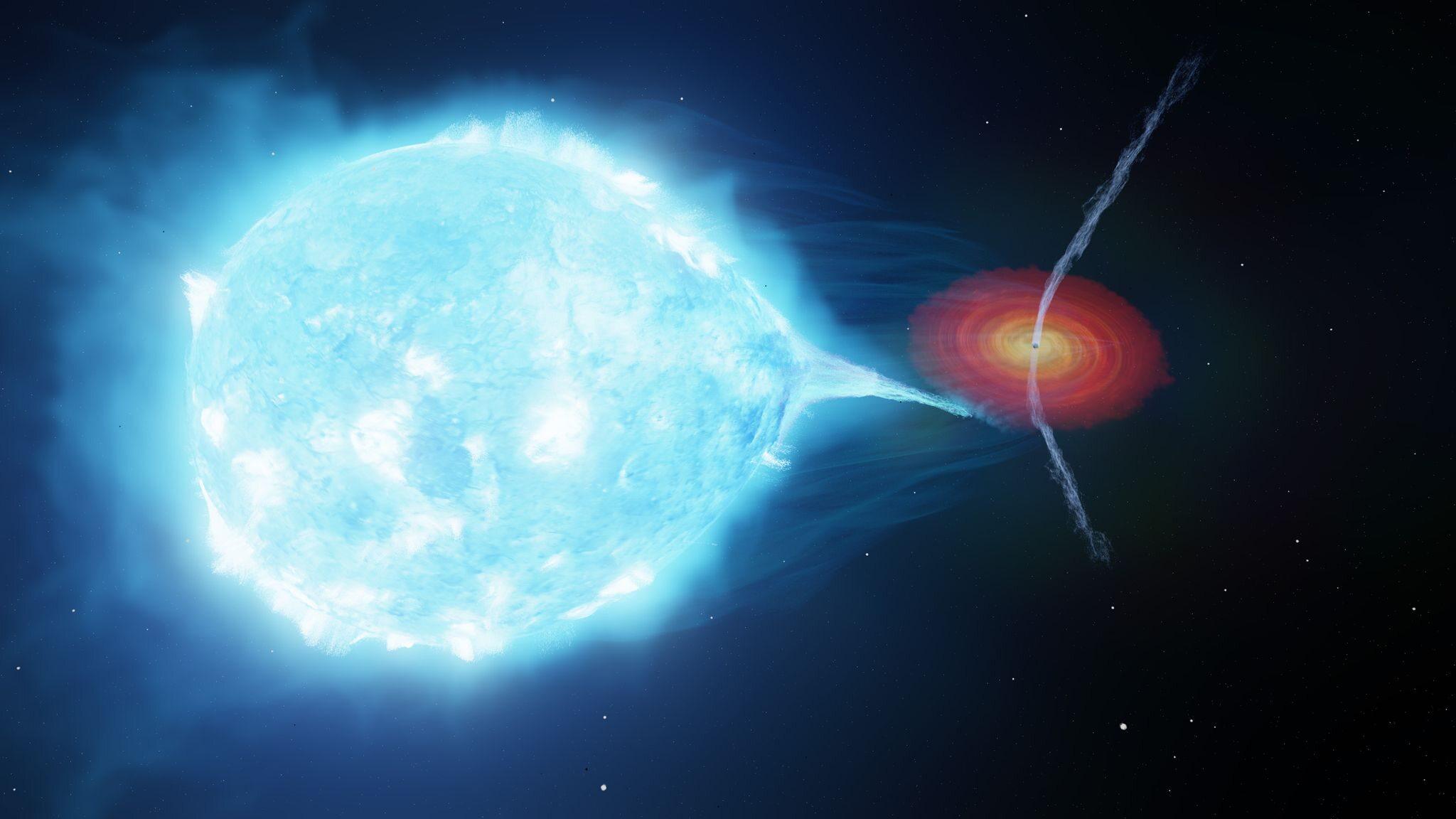 The strong stellar wind from a supergiant star pushes the jets launched by a black hole away from the star. Image: International Centre for Radio Astronomy Research via AP