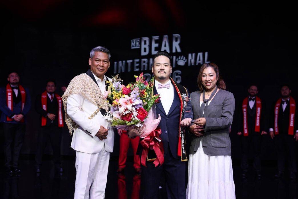 Gavin Chow (center) after being named the winner of the Mr Bear International competition in Bangkok on Monday. Photo: Facebook / Mr Bear International
