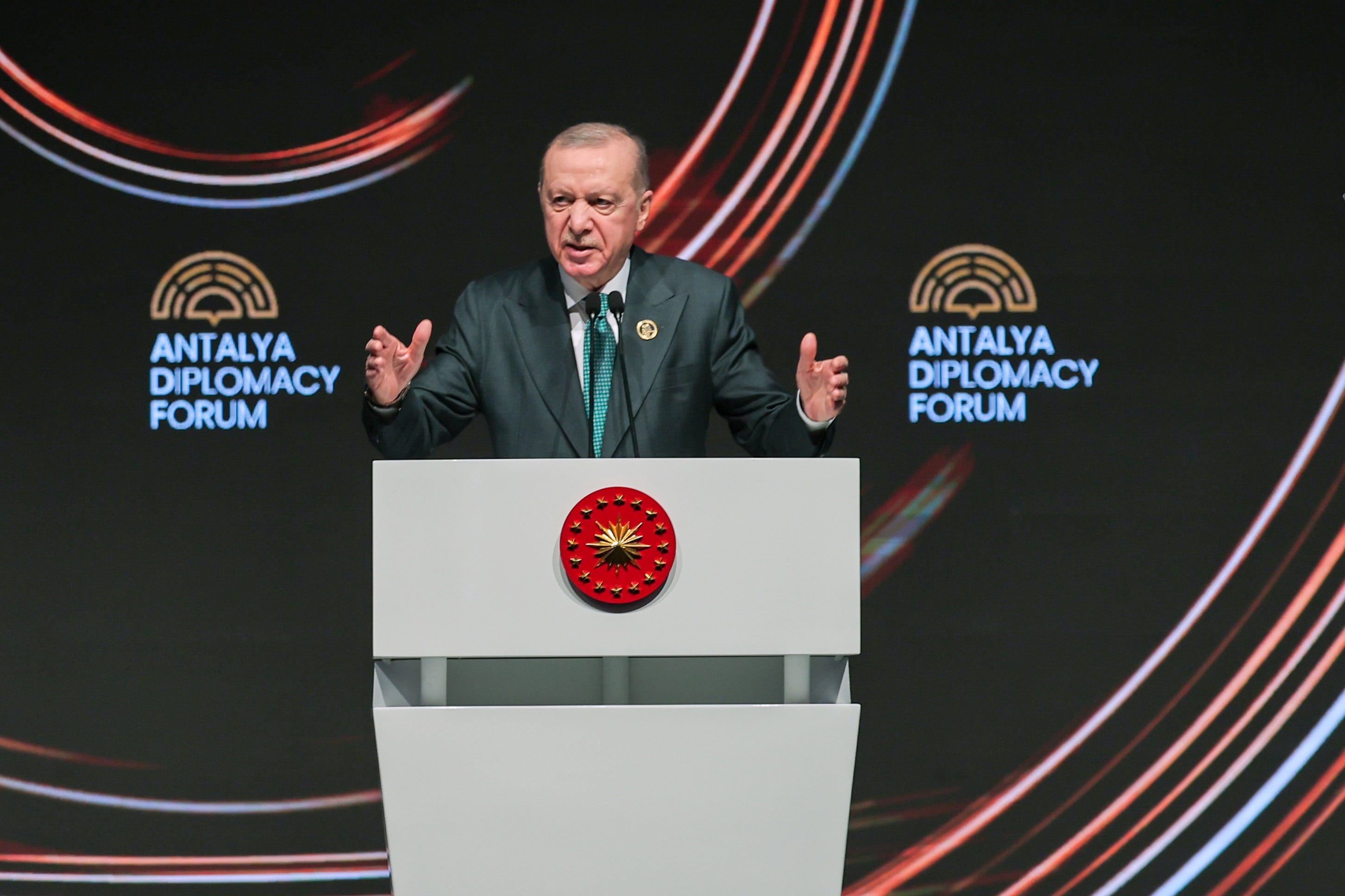 Turkey’s President Recep Tayyip Erdogan gives a speech during the Antalya Diplomacy Forum, in Antalya, southern Turkey, on Friday. Photo: AP