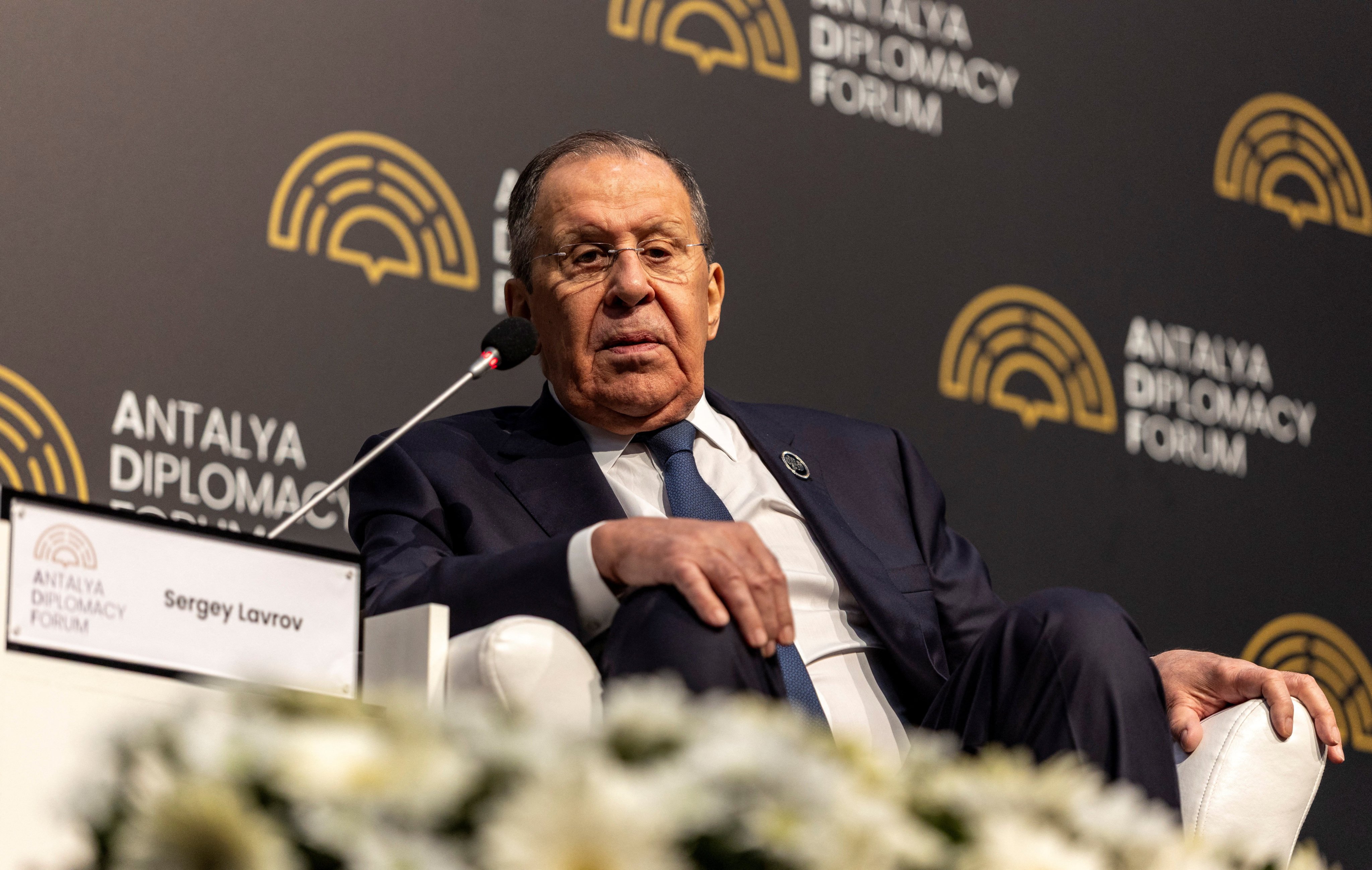 Russian Foreign Minister Sergei Lavrov speaks during a session at Antalya Diplomacy Forum in Antalya, Turkey on Saturday. Photo: Reuters