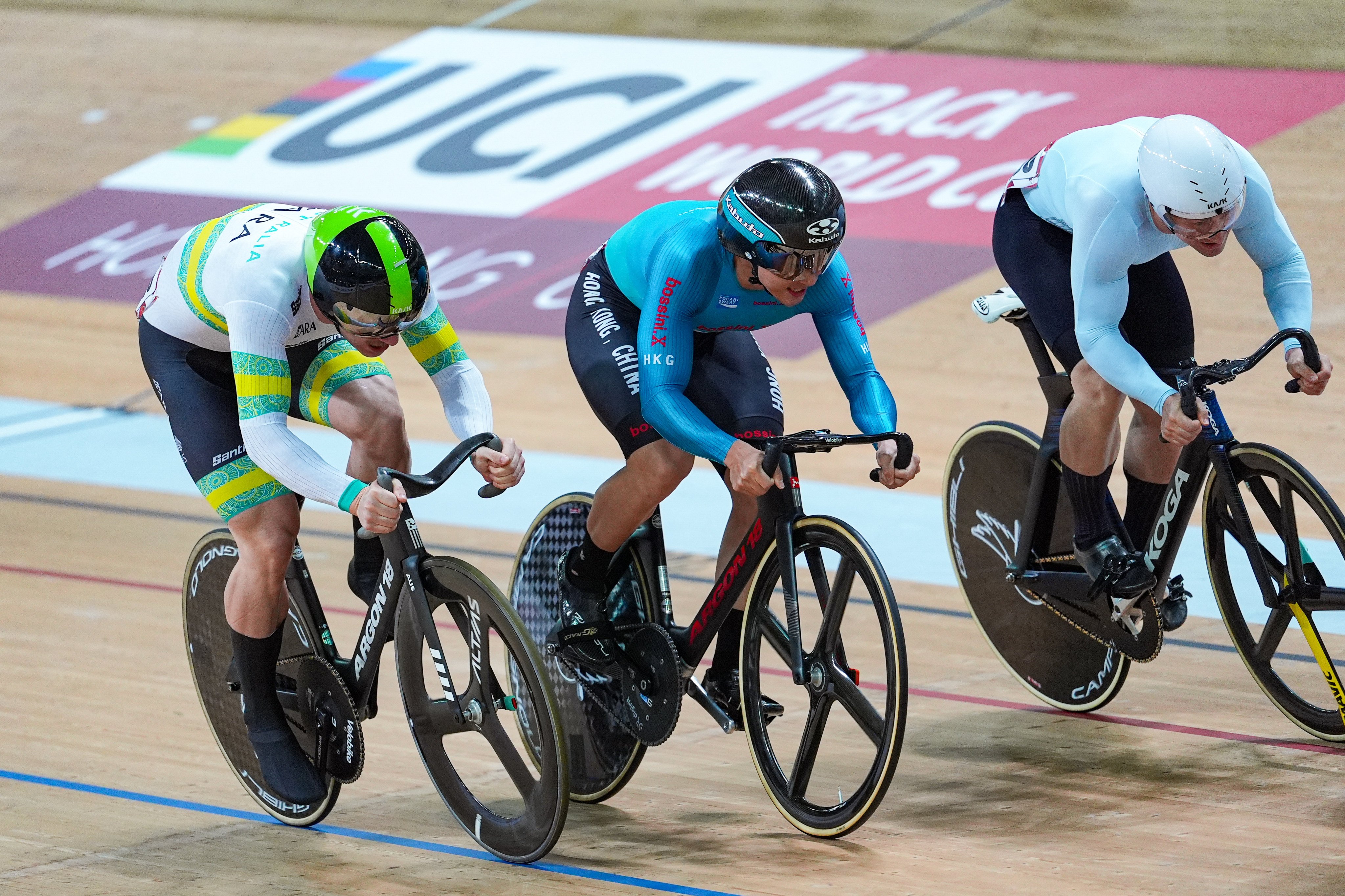 Hong Kong’s To Cheuk-hei (middle)  in the men’s Keirin semi-final at the UCI Track World Cup in Tsueng Kwan O on Saturday. Photo: Eugene Lee