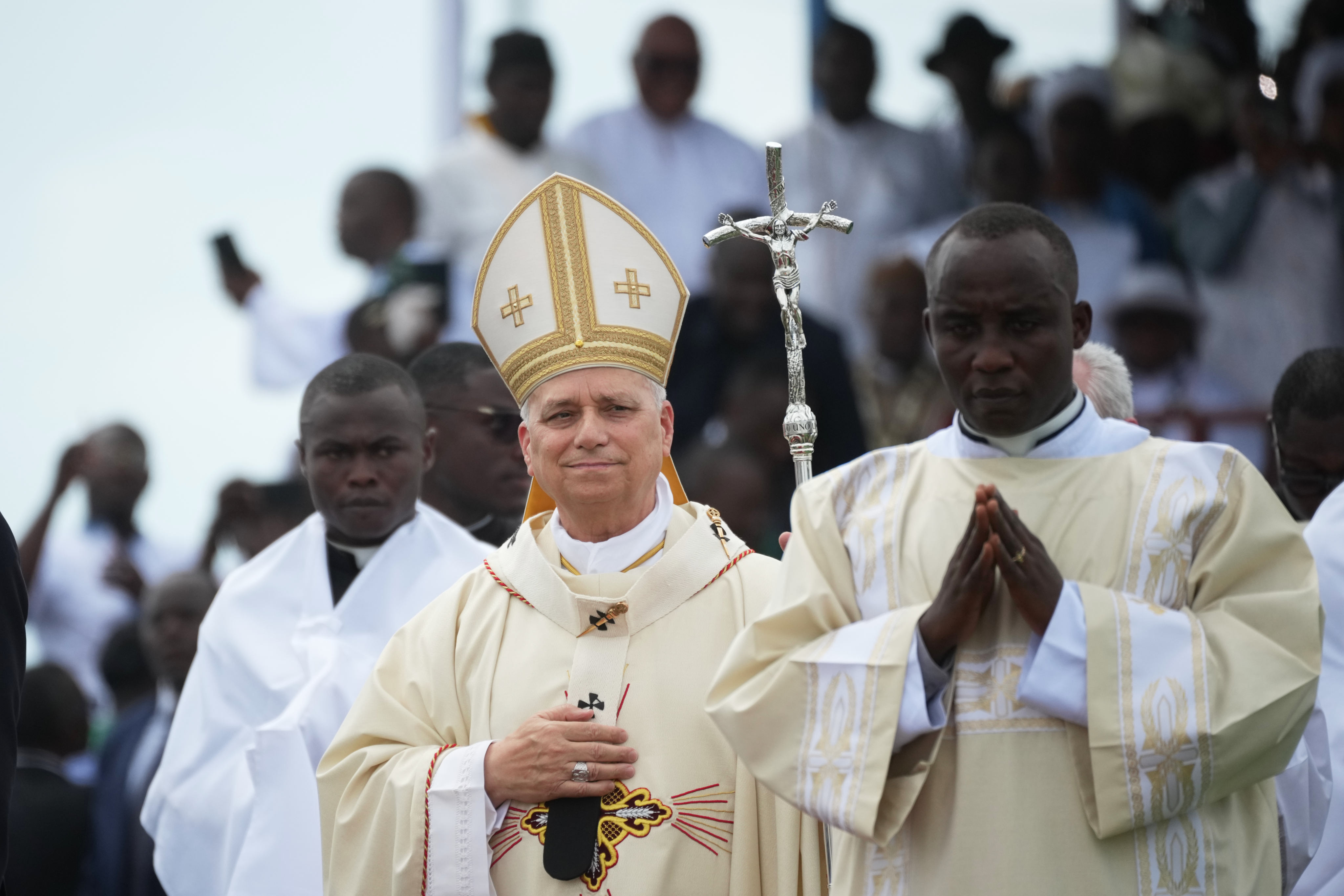 Pope Leo arrives in procession to celebrate mass at Japoma Stadium in Douala, Cameroon, on Friday. Photo: AP