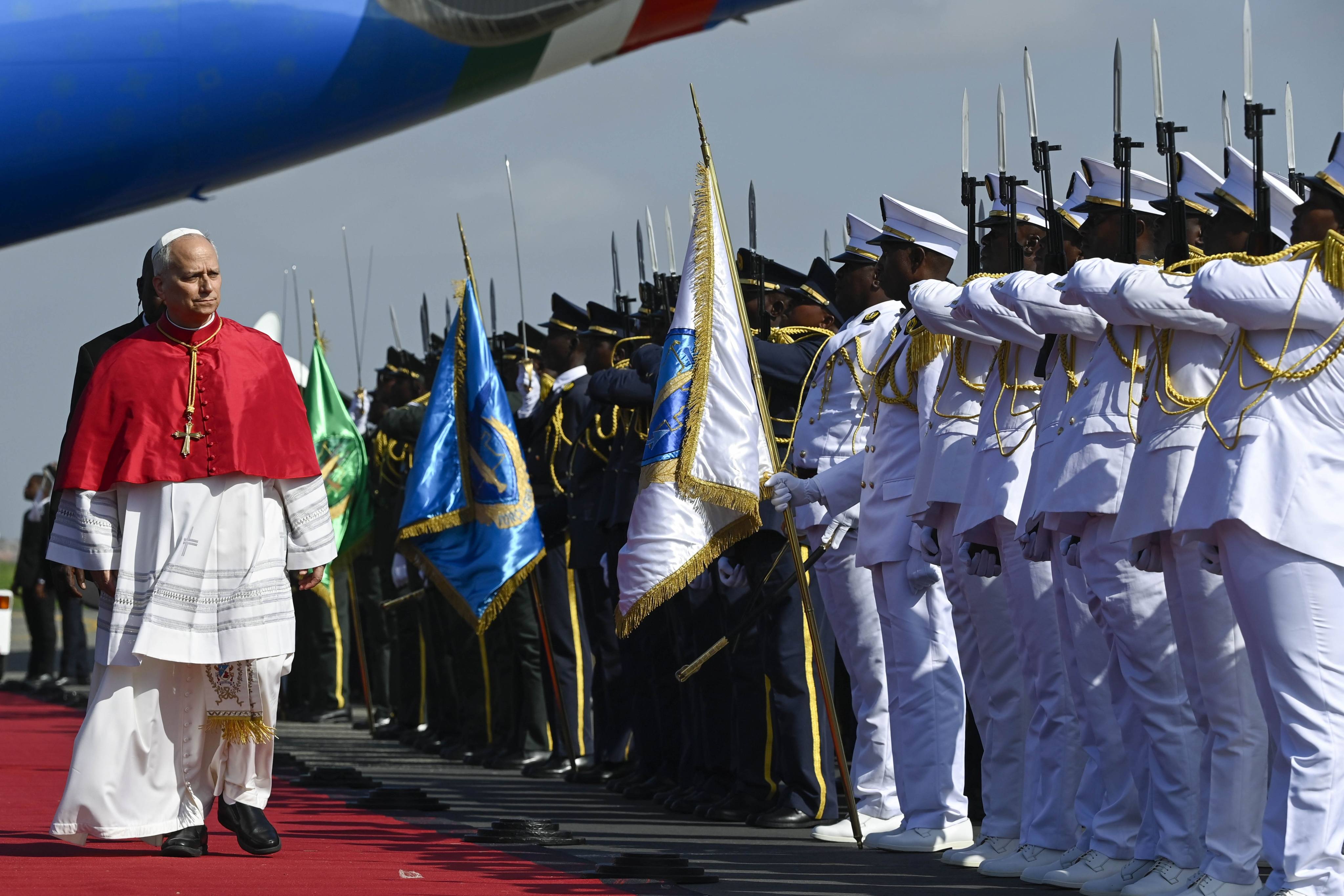 Pope Leo arrives at Luanda International Airport in Angola on Saturday. Photo: IPA via ZUMA Press/dpa