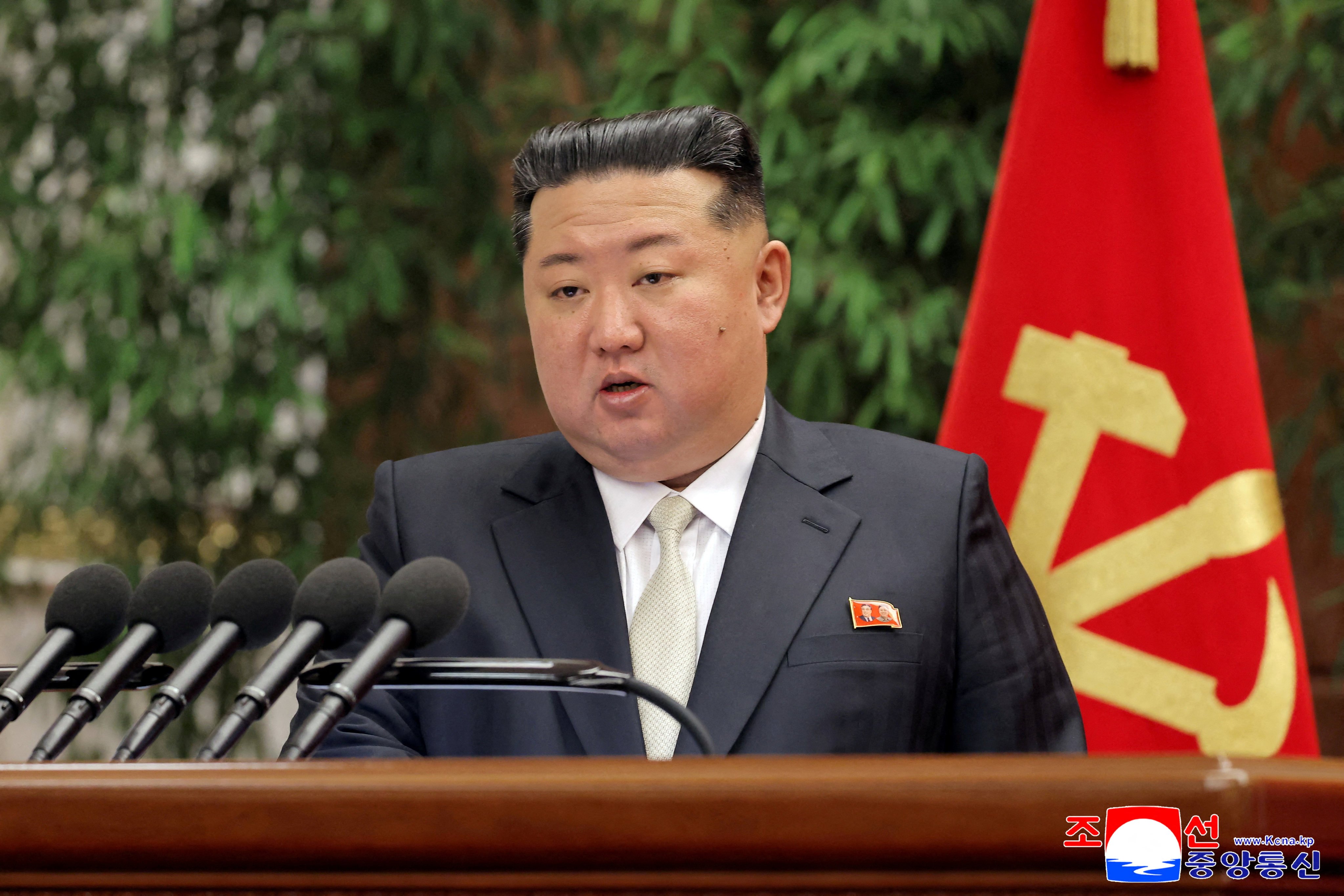 North Korean leader Kim Jong-un speaks during the expanded meeting of the first plenary meeting of the Ninth Central Committee of the Workers’ Party of Korea (WPK), in Pyongyang, North Korea, on February 23. Photo: Reuters