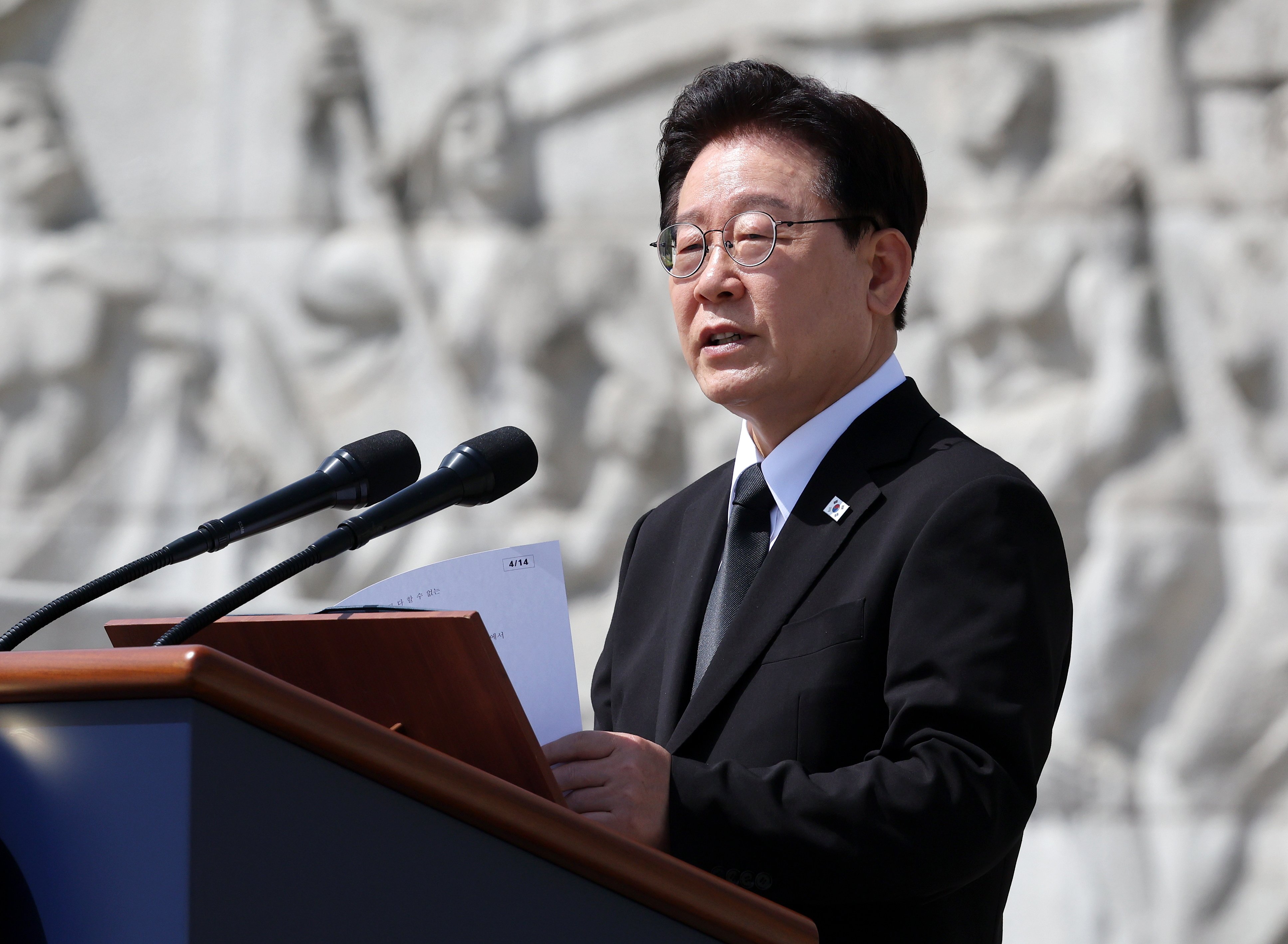 South Korean President Lee Jae Myung delivers a speech during a ceremony at the National Cemetery in Seoul on Sunday. Photo: EPA/Yonhap