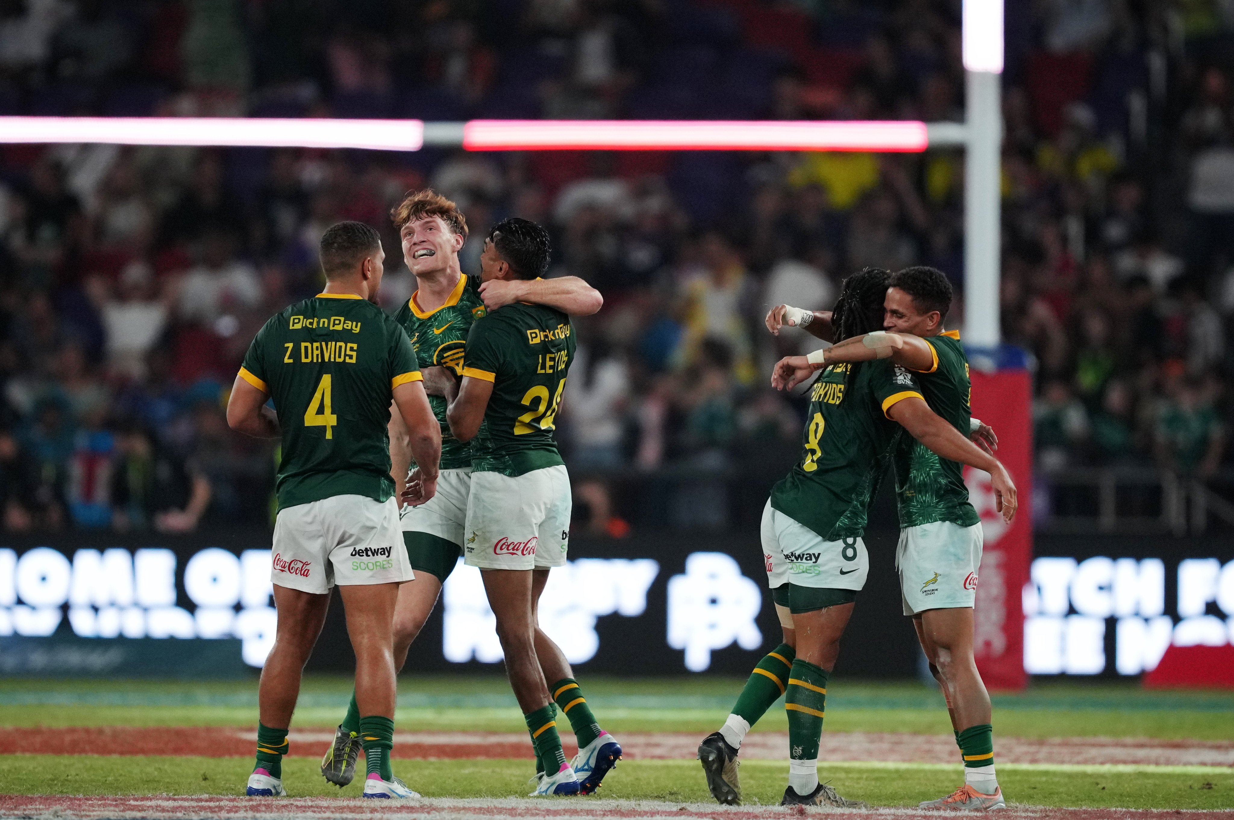 South Africa players celebrate winning the Hong Kong Sevens for the first time. Photo: Sam Tsang