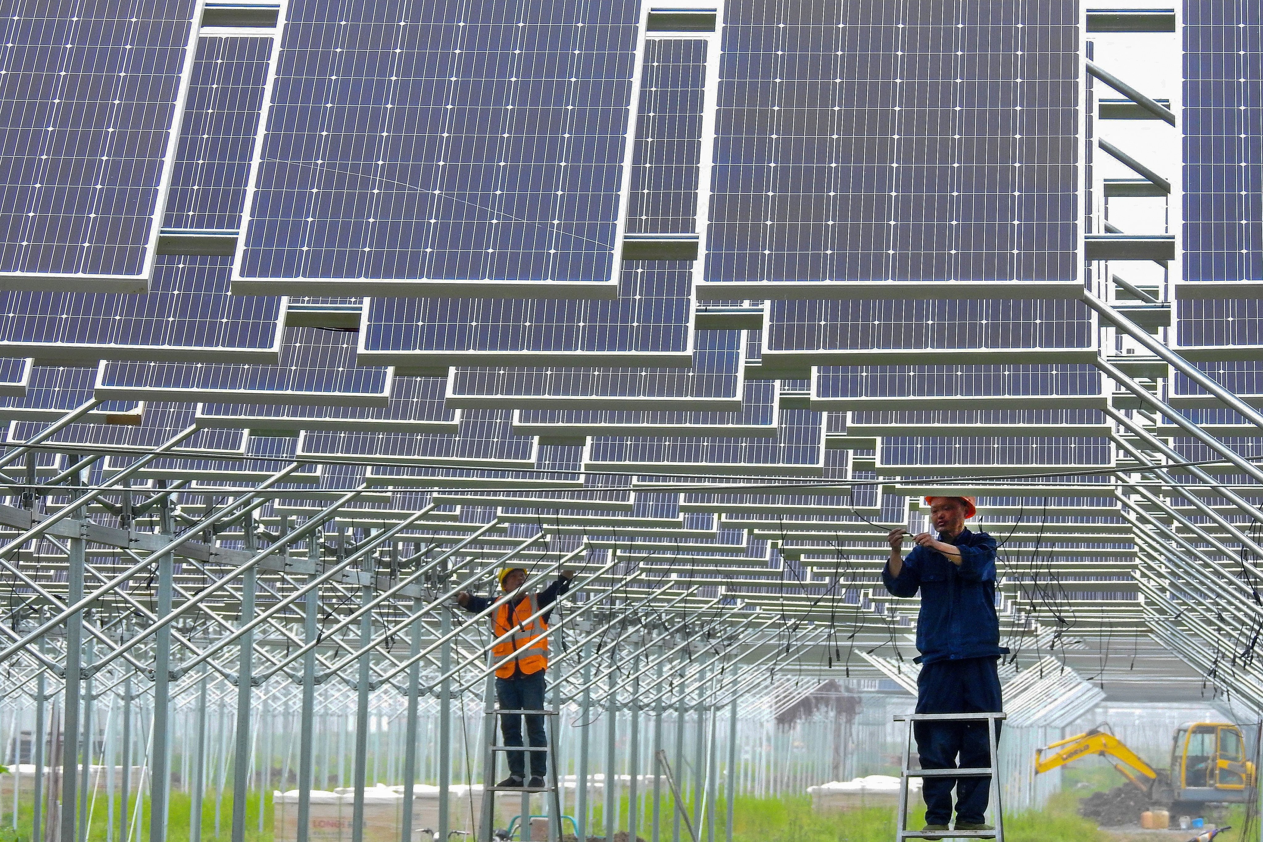 Workers install solar panels in China’s eastern Jiangsu province. Photo: Reuters