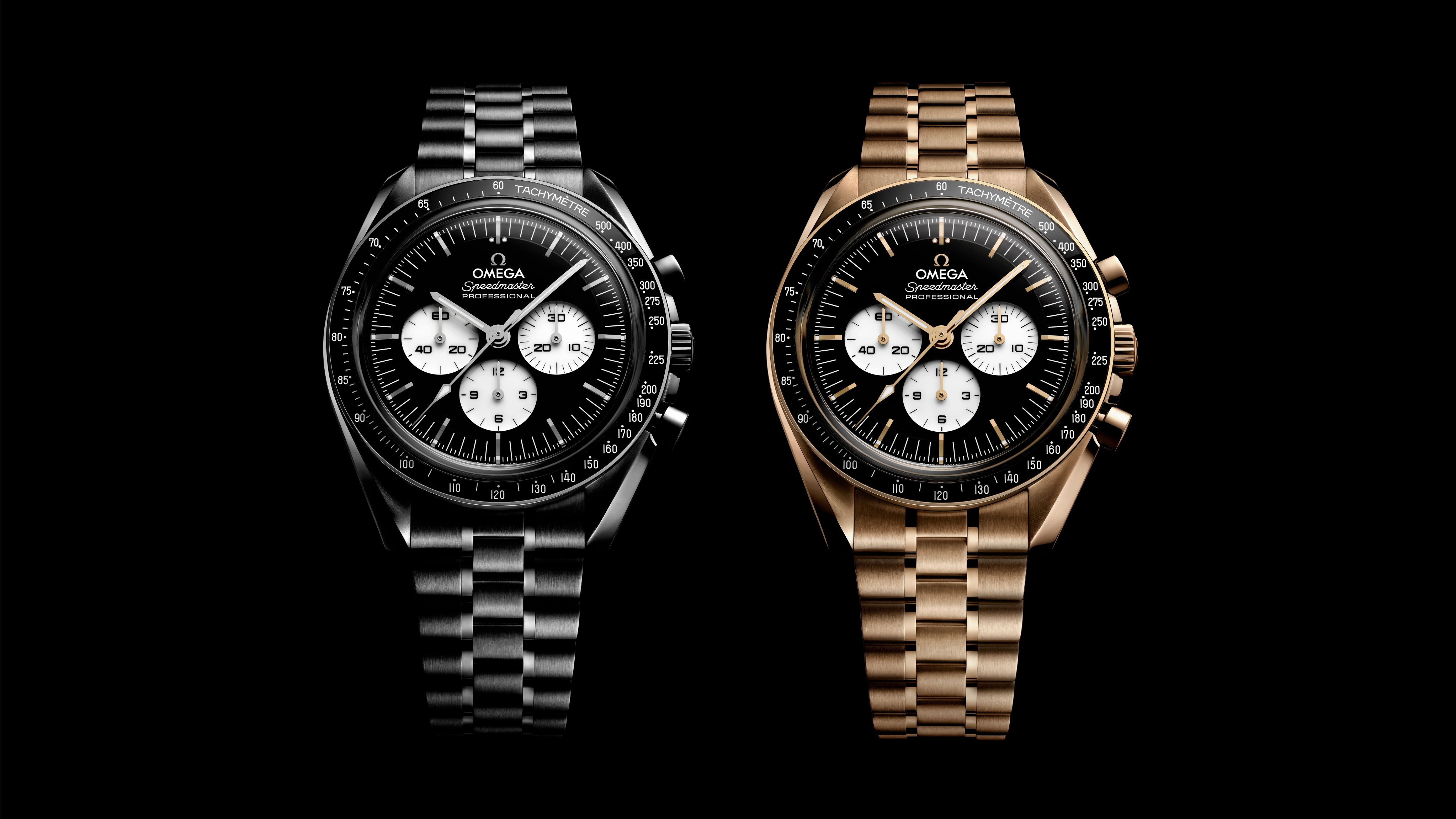 Omega’s stable of Speedmaster watches includes two new “reverse panda” pieces. Photo: Handout