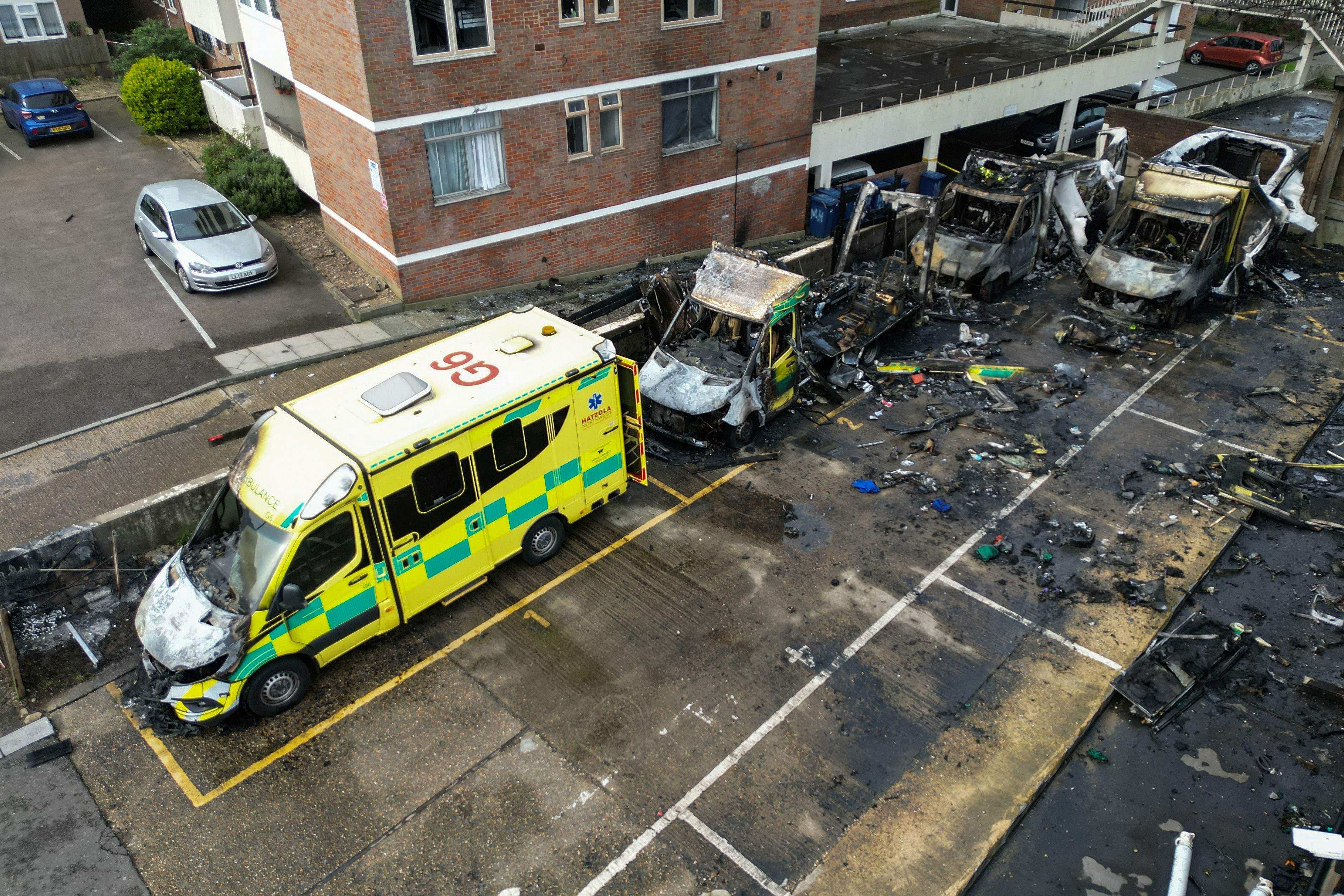 Burnt ambulances along a street in the Golders Green neighbourhood of north London on March 23, after the volunteer ambulances run by a Jewish organisation were set on fire overnight. Photo: AFP