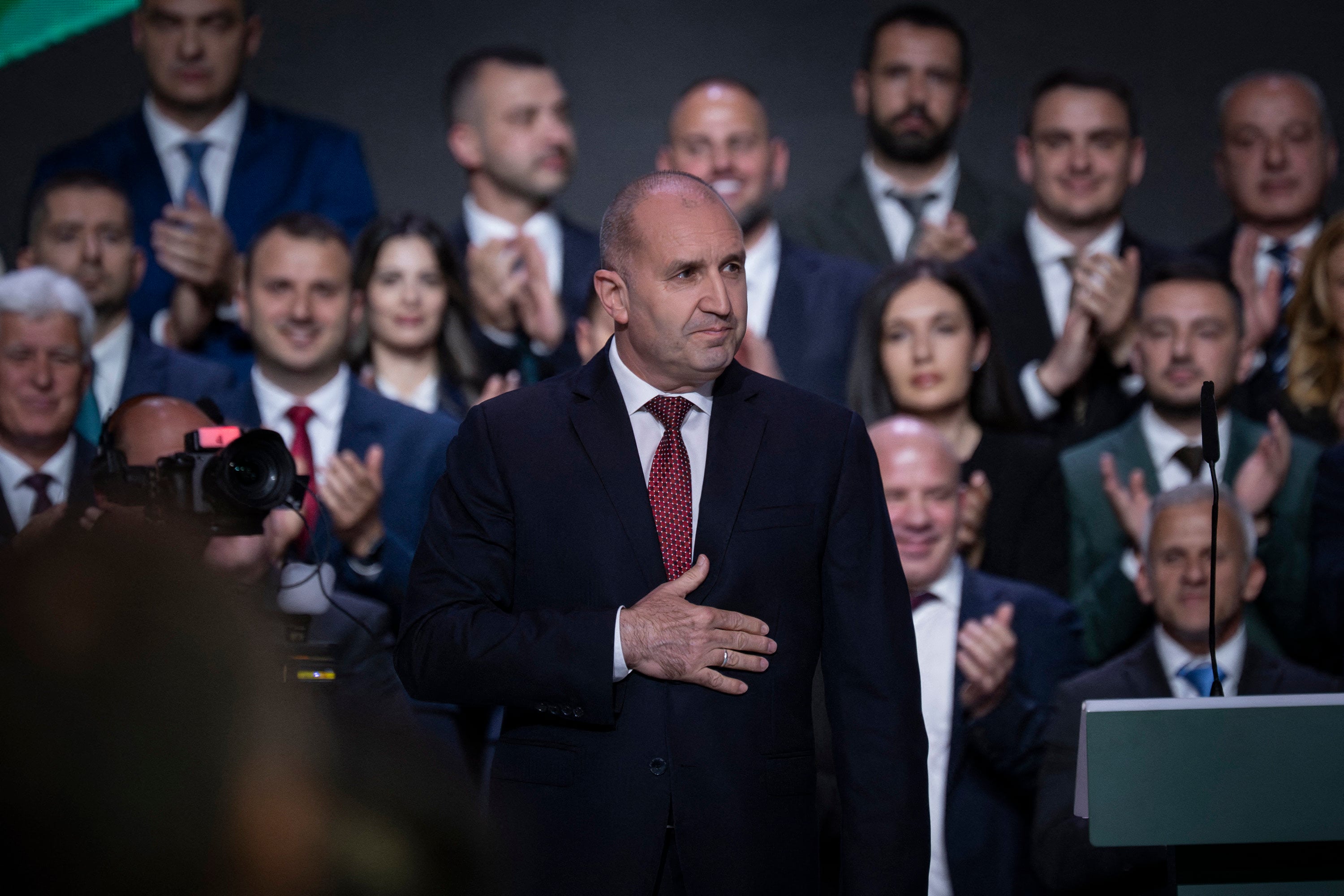 Former Bulgarian president Rumen Radev attends a pre-election event of his political coalition “Progressive Bulgaria” in Sofia on Thursday. Photo: TNS