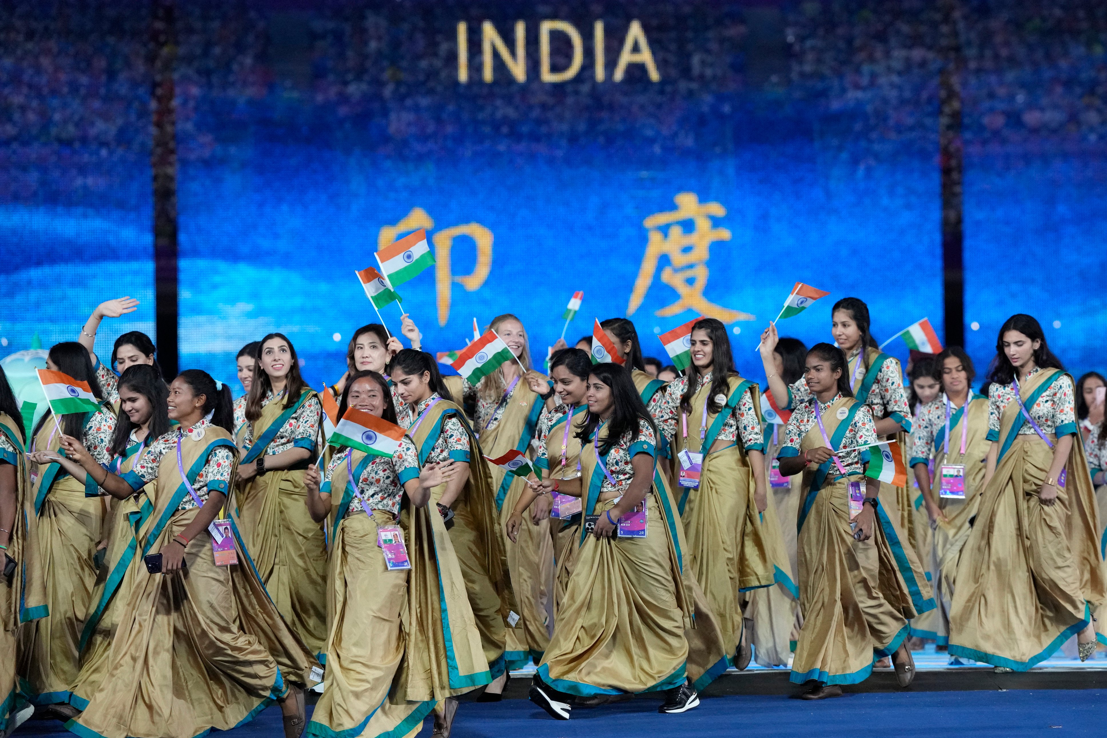 India athletes and team officials during the opening ceremony of the 19th Asian Games in Hangzhou, China in 2023. Photo: AP
