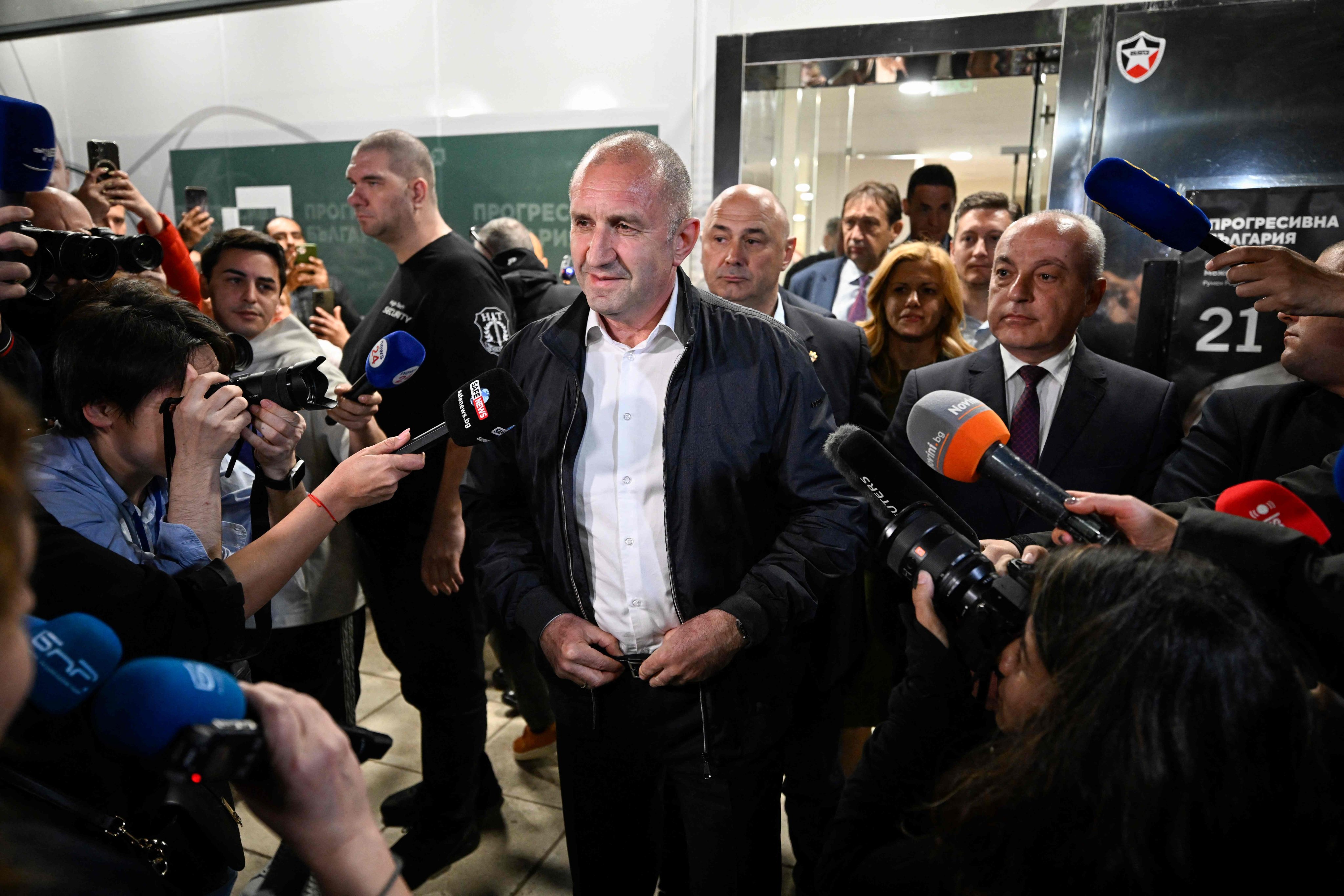 Progressive Bulgaria coalition’s leader and former president Rumen Radev speaks to the press at his party headquarters after polls closed in Bulgaria’s parliamentary elections in Sofia on Sunday. Photo: AFP