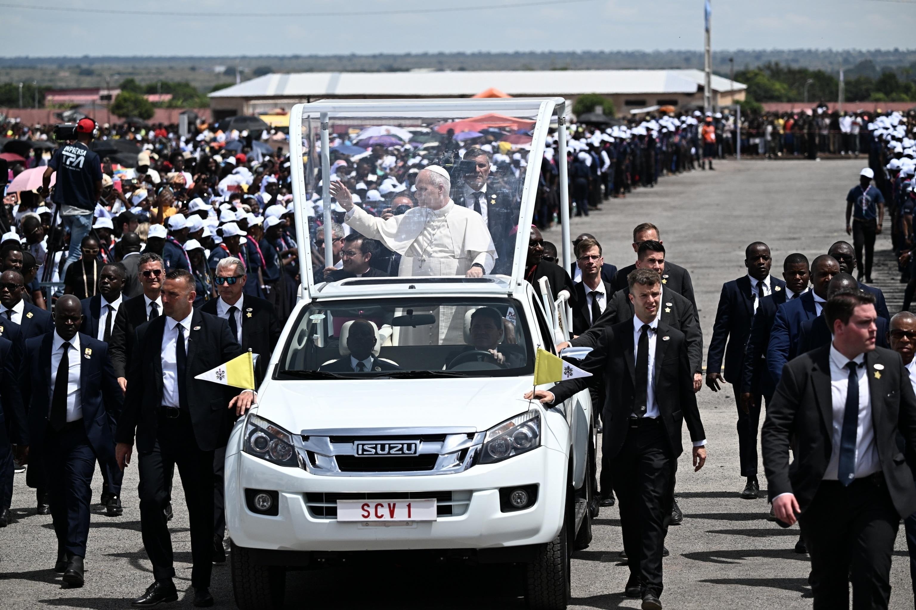 Pope Leo XIV arrives to lead Holy Mass at the Saurimo esplanade in Angola on Monday. Photo: EPA