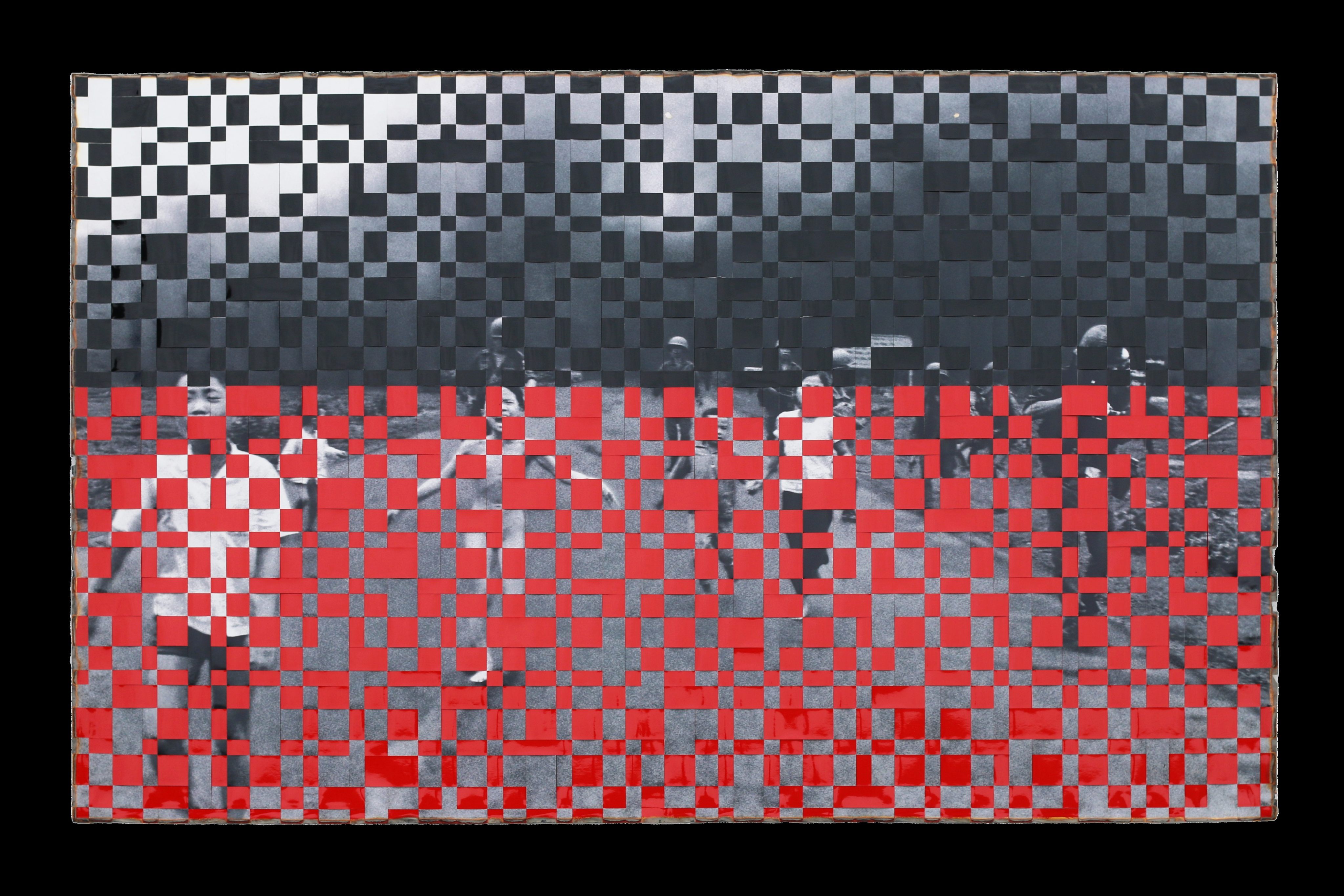 “Untitled 1” (2013), by Dinh Q. Le. Photo: 10 Chancery Lane Gallery. This woven image is based on the infamous “Napalm Girl” photograph taken during the Vietnam war. It is featured in an exhibition at Hong Kong’s 10 Chancery Lane Gallery that pays tribute to the late Vietnamese artist. Photo” courtesy of 10 Chancery Lane Gallery