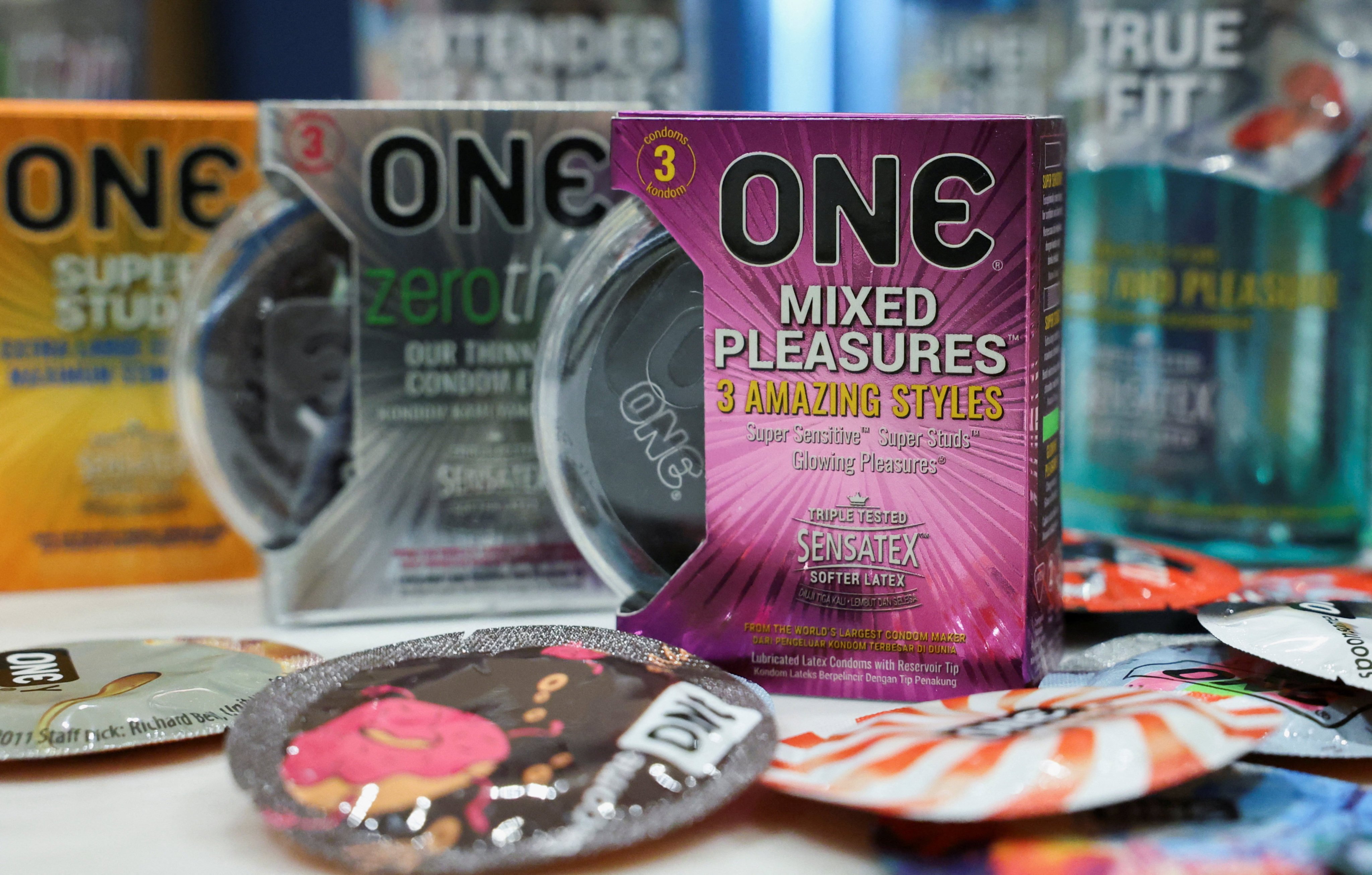 ONE condoms by Karex on display in Petaling Jaya, Malaysia. Photo: Reuters