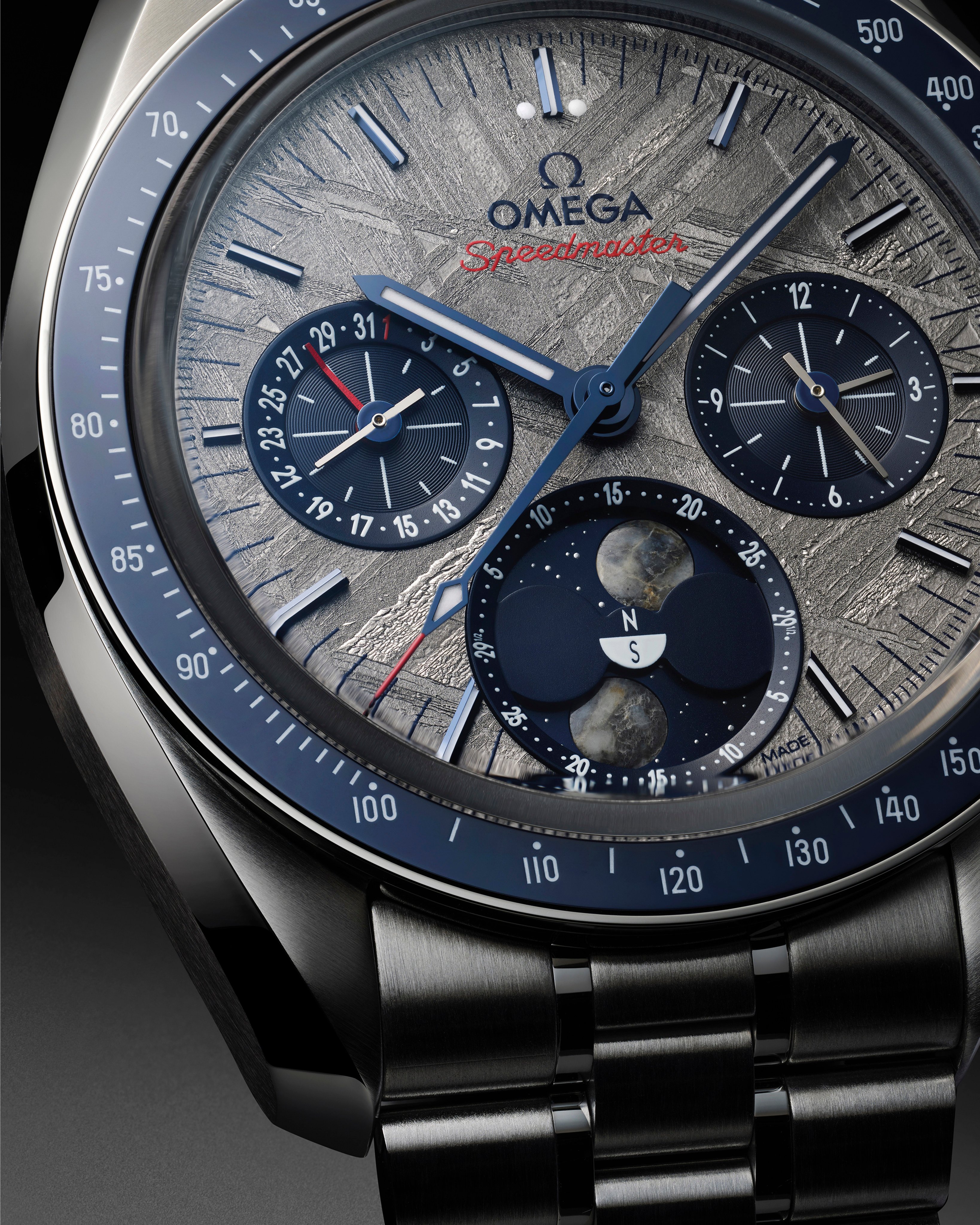 The Omega Speedmaster Moonphase Meteorite is made using iron meteorite and lunar meteorite. Photo: Handout