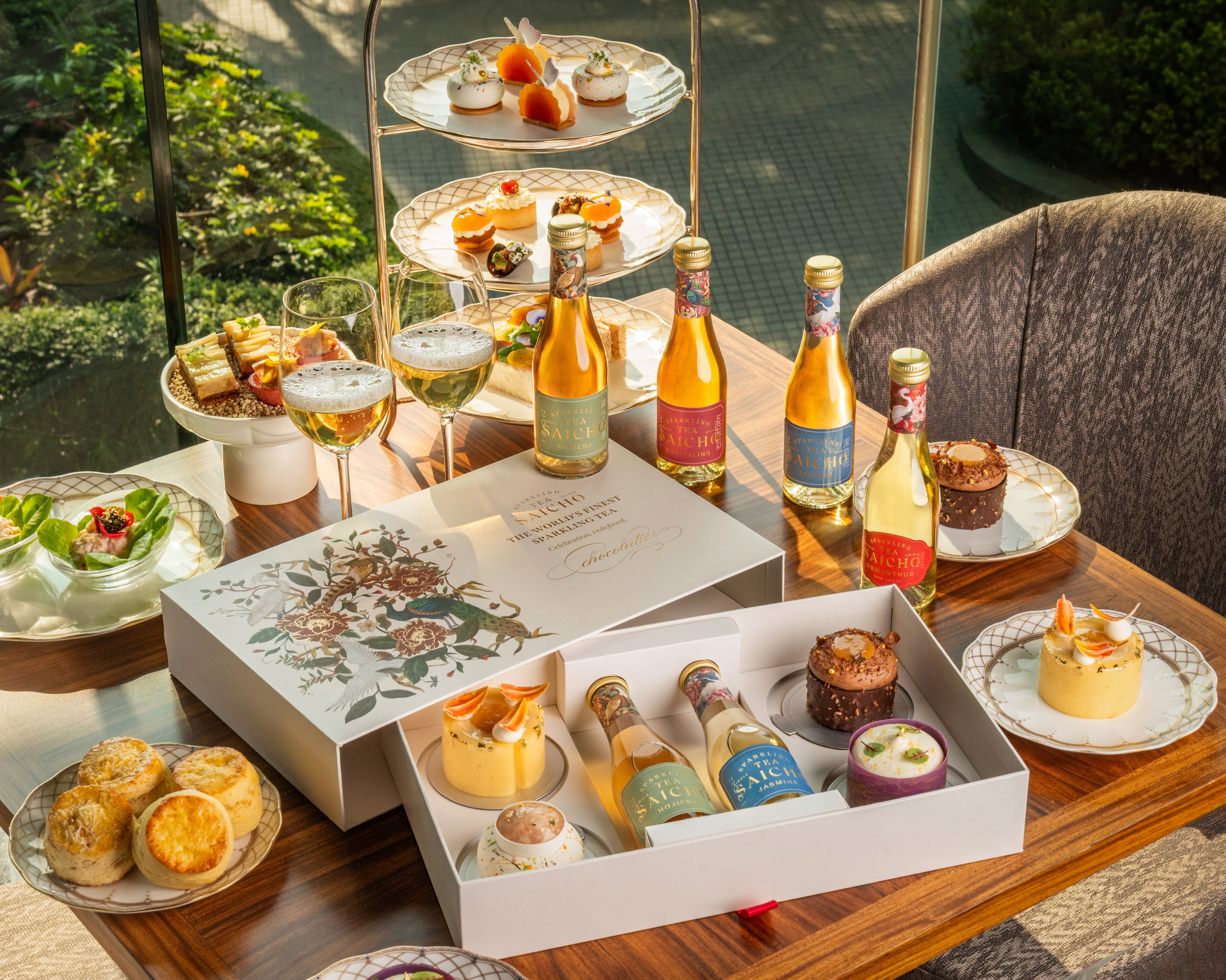 Saicho afternoon tea at Tiffin, and a Chocolatier x Saicho takeaway gift box, at the Grand Hyatt Hong Kong. Photo: Handout