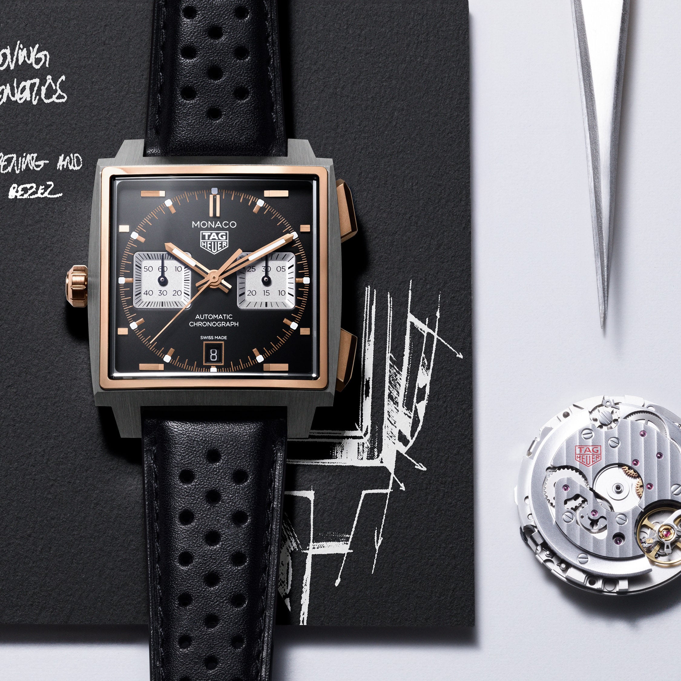 Powered by the in-house Calibre TH20-11, the new Tag Heuer Monaco comes in three versions, including this one in a black dial with silver subdials and rose gold accents. Photo: Handout