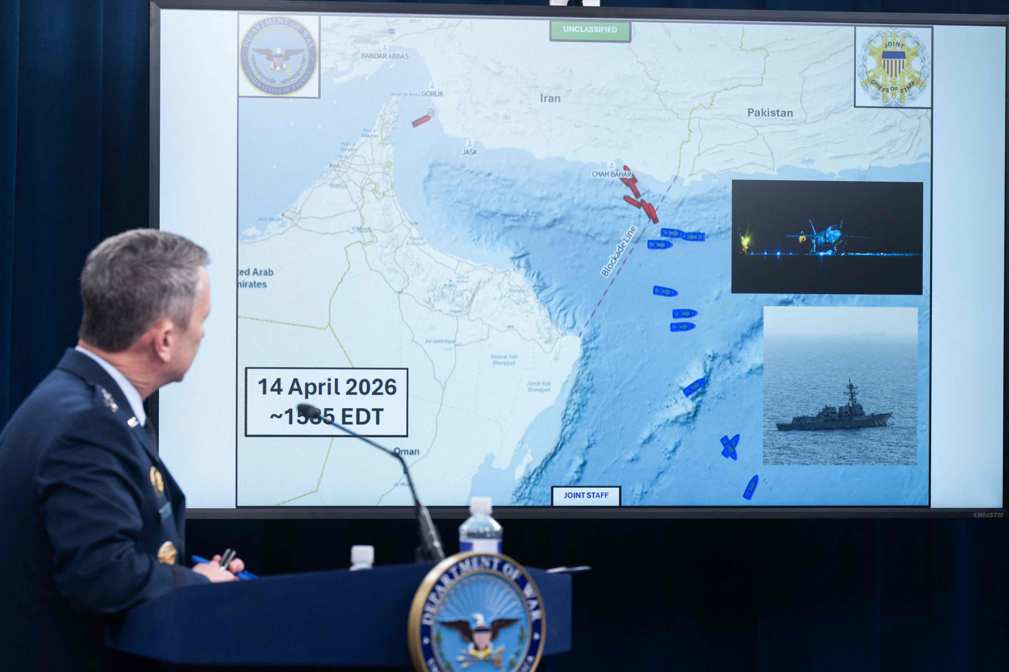 US Chairman of the Joint Chiefs of Staff General Dan Caine speaks as a map of the Strait of Hormuz is displayed during a press briefing at the Pentagon, in Washington on April 16. Photo: AFP