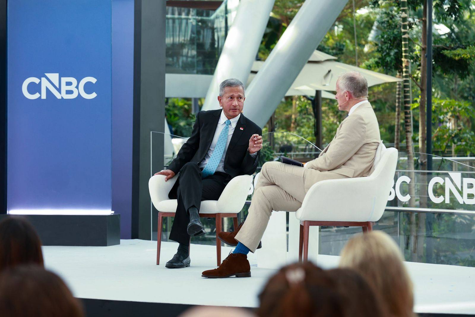 Singapore’s Foreign Minister Vivian Balakrishnan (centre) during a panel at CNBC Converge Live with host Steve Sedgwick at Jewel Changi Airport on Wednesday. Photo: CNBC