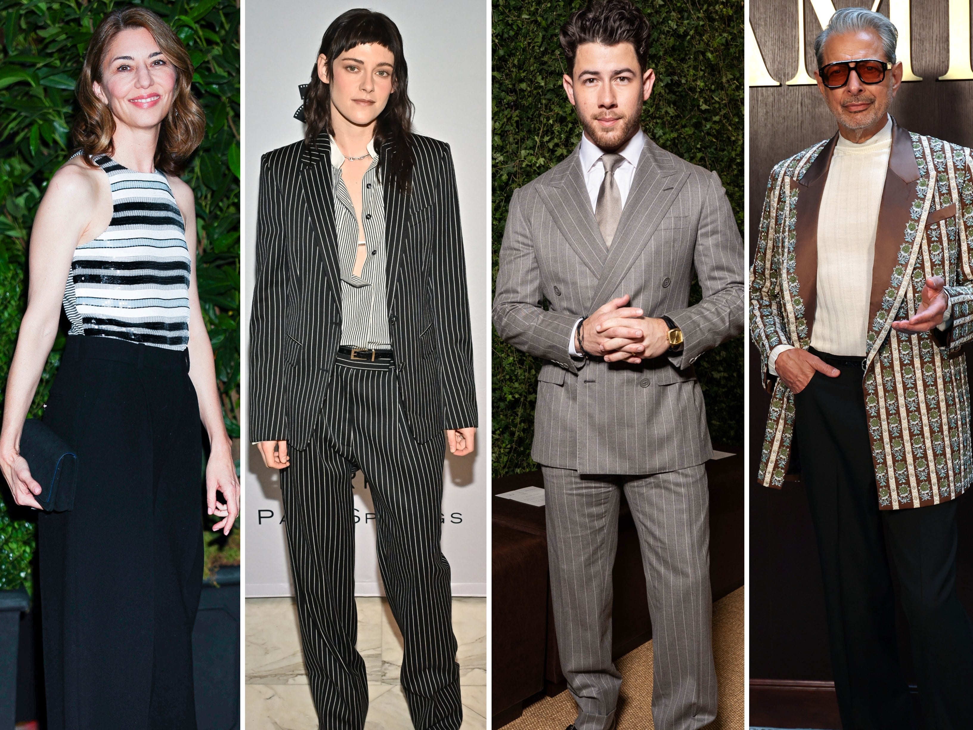 All about stripes! How Sofia Coppola, Kristen Stewart, Nick Jonas and Jeff Goldblum rock the look. Photos: GC Images; Variety via Getty Images; WWD via Getty Images; Getty Images