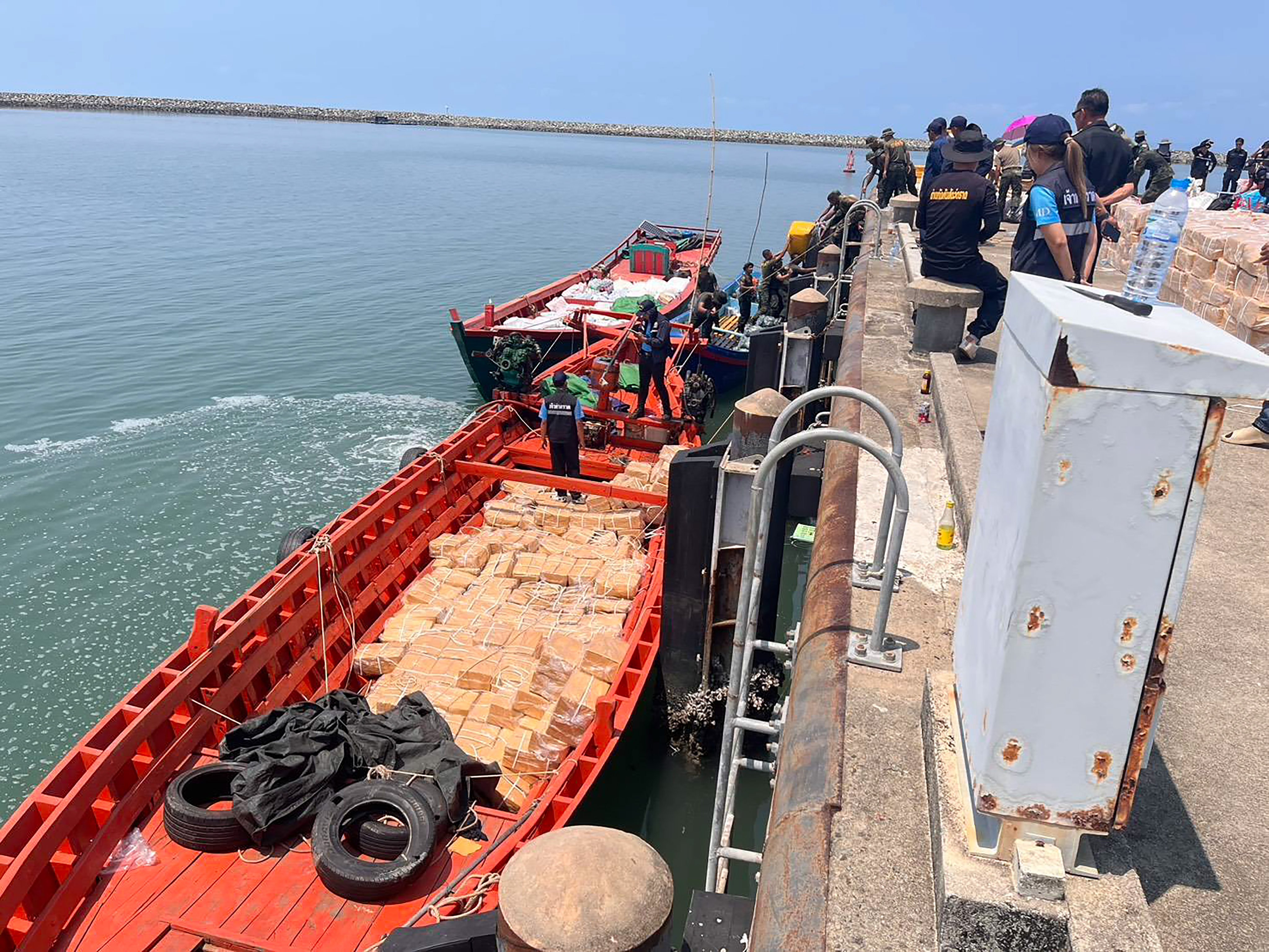 Cambodian boats stopped by Thai authorities earlier this month in Thailand’s eastern coastal province of Trat. Photo: Facebook / RTNSpokesperson