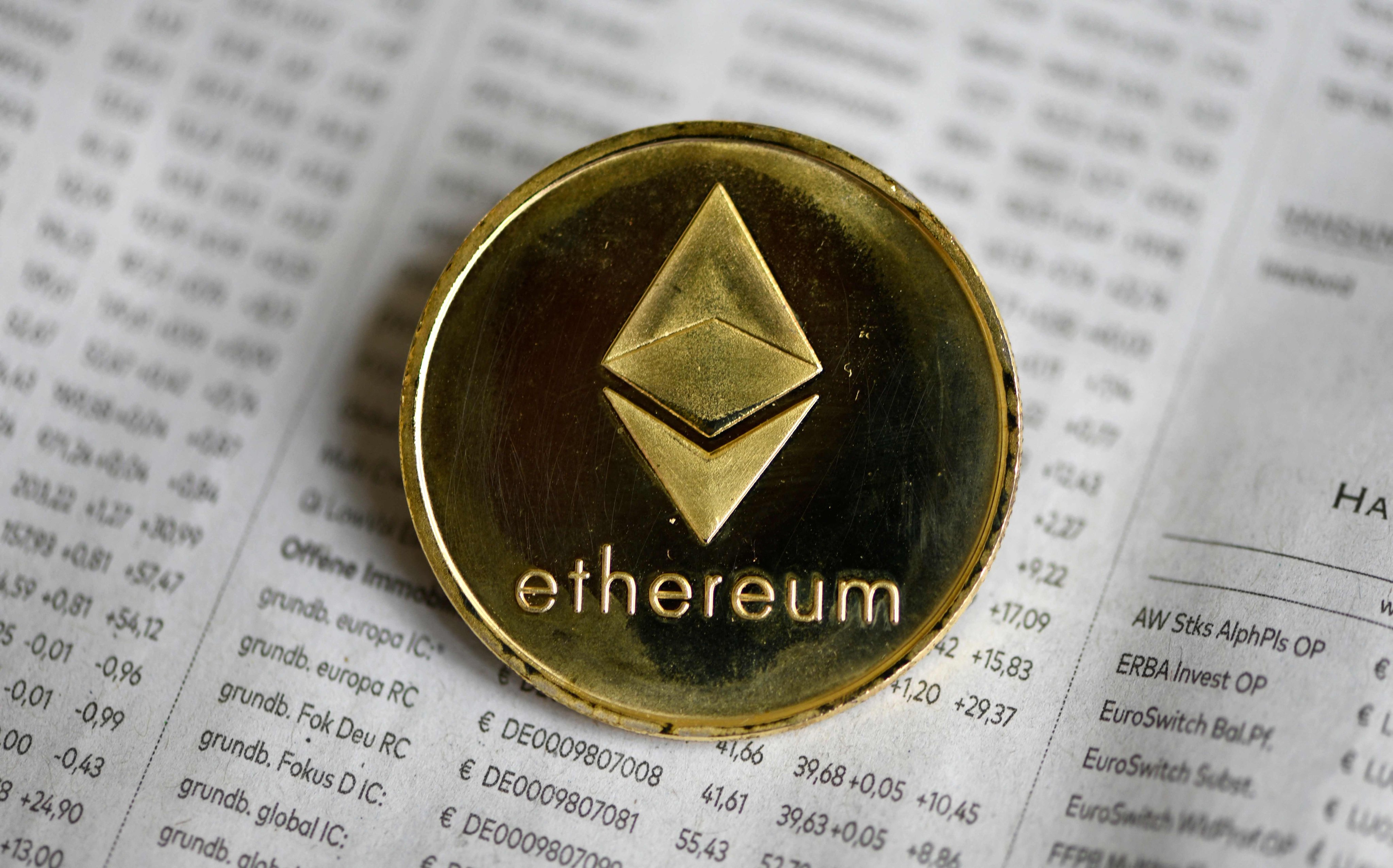 A physical imitation of an Ethereum cryptocurrency token. Photo: AFP