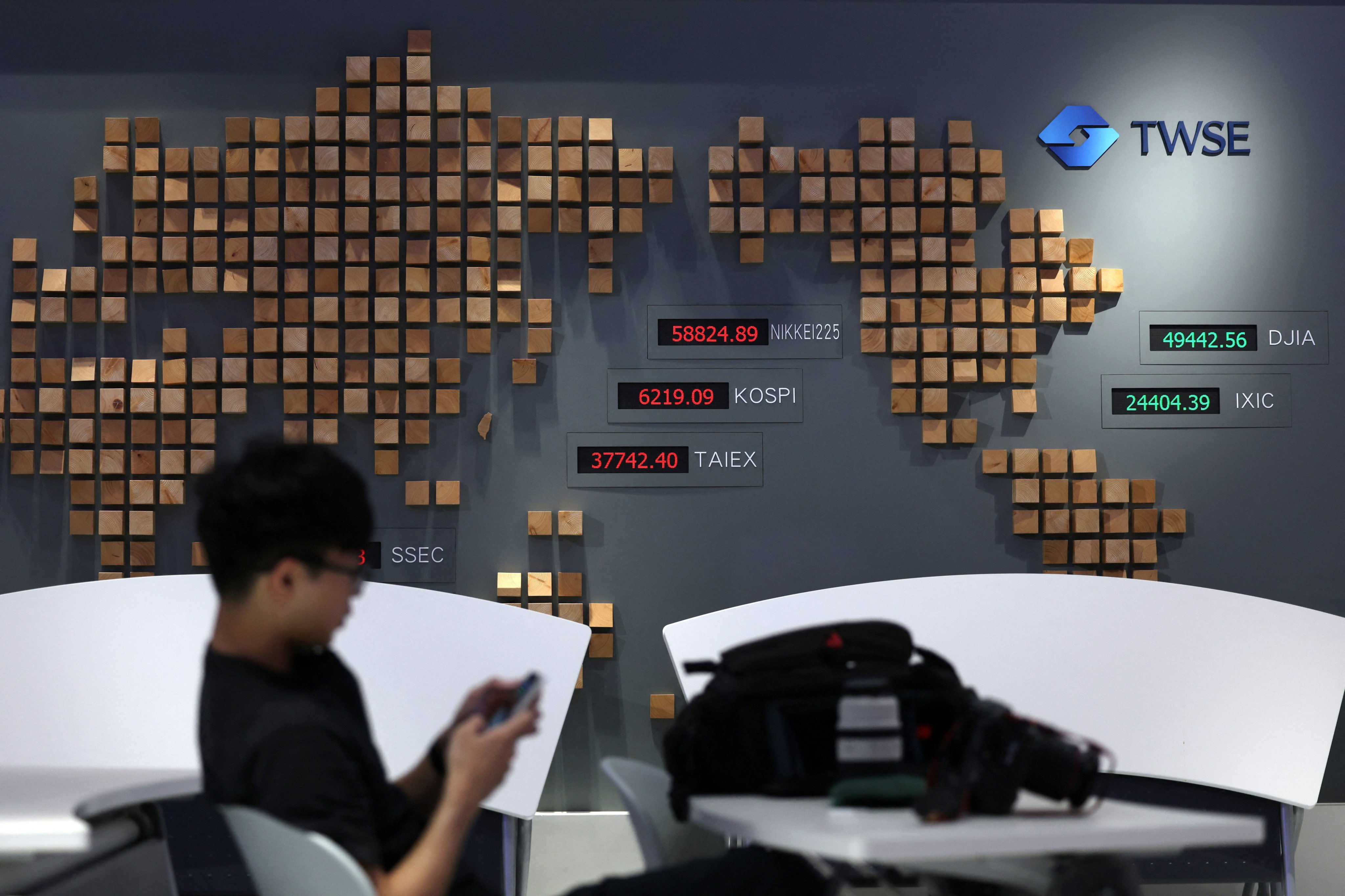 Stock indices are displayed at the Taiwan Stock Exchange in Taipei on Tuesday. Photo: Reuters