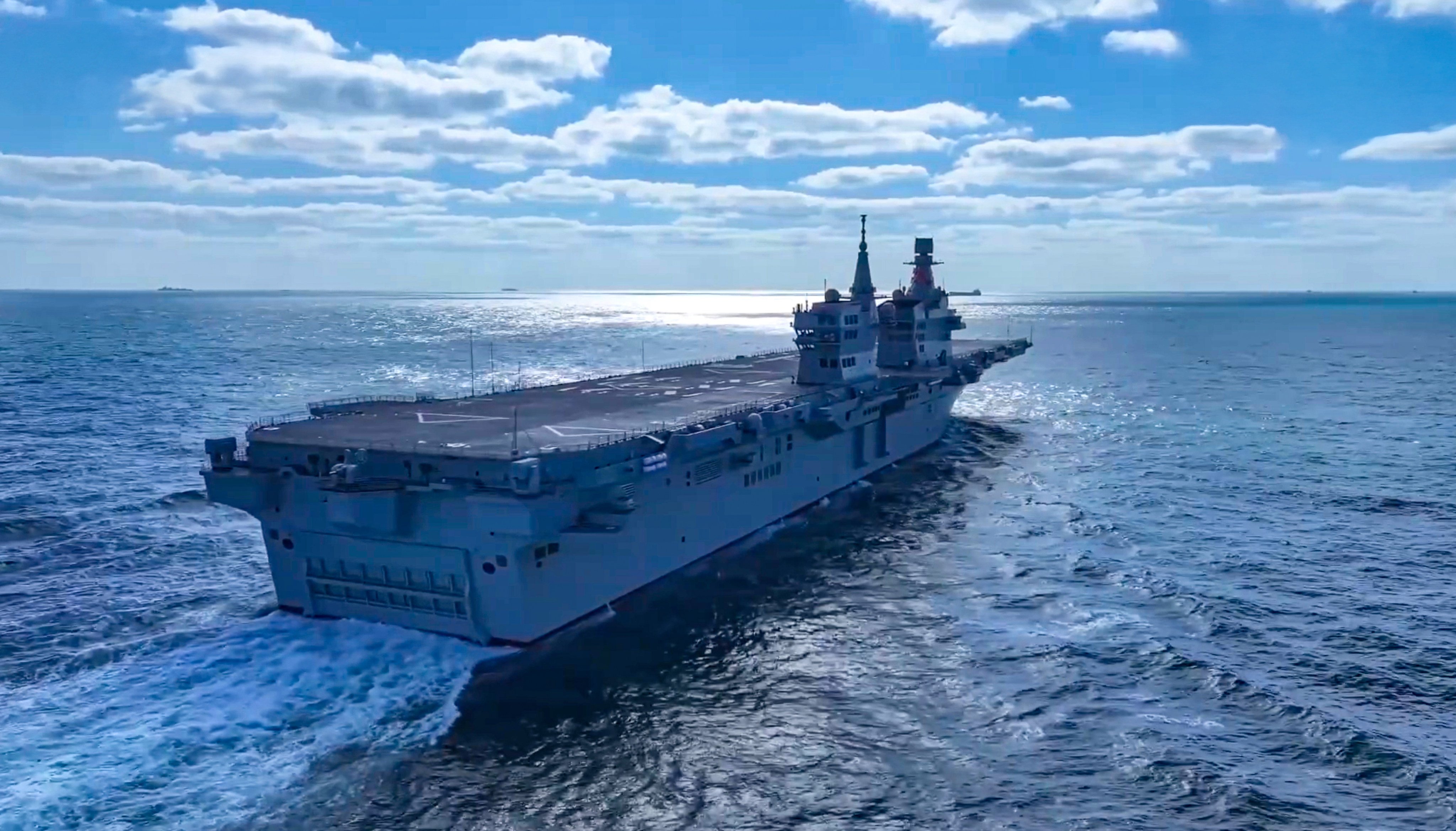 China’s first drone-carrying Type 076 amphibious assault ship, the Sichuan, on its maiden sea trial last November. Photo: CCTV
