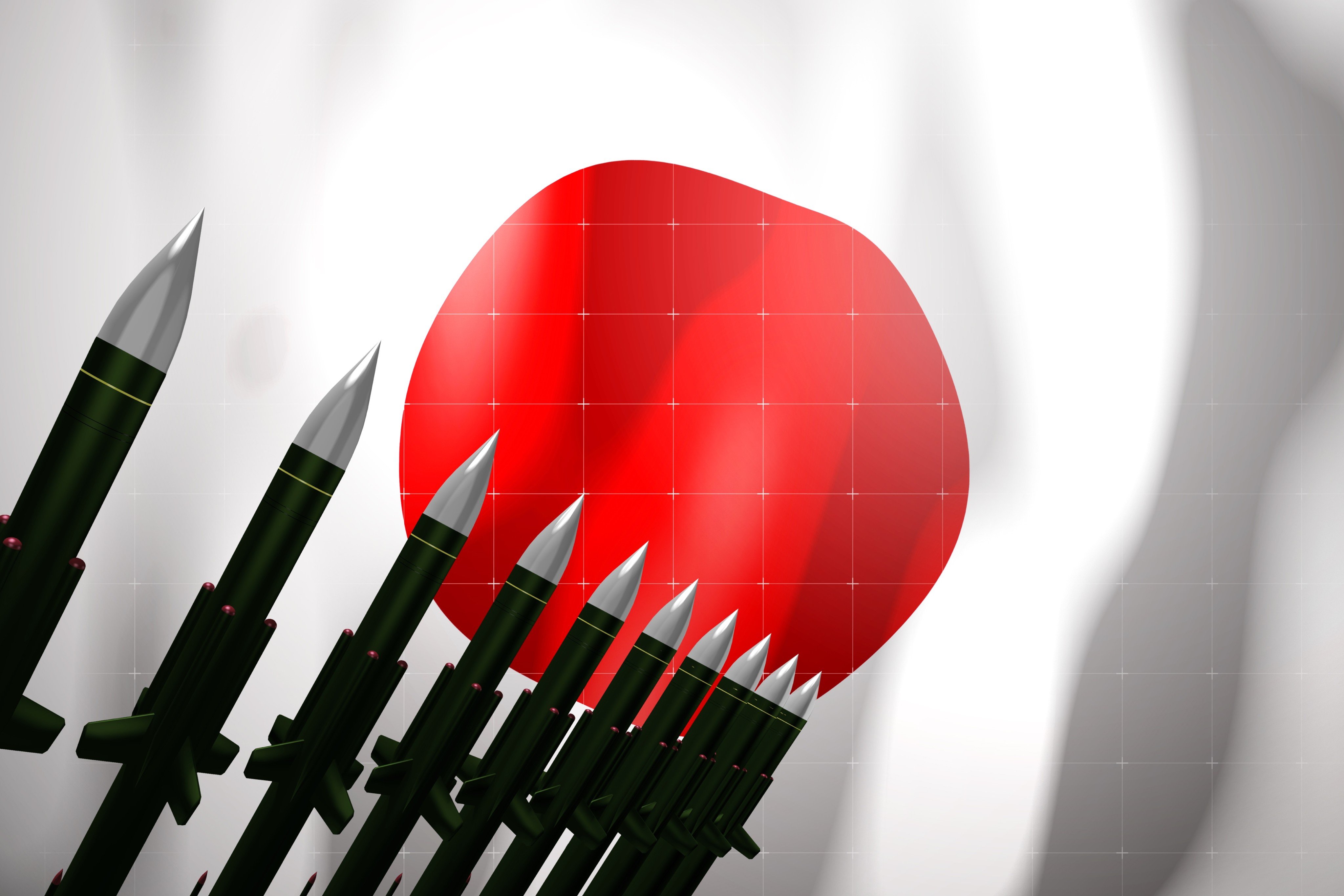 Cruise missiles, flag of Japan in background - defense concept - 3D illustration. Photo: Shutterstock Images
