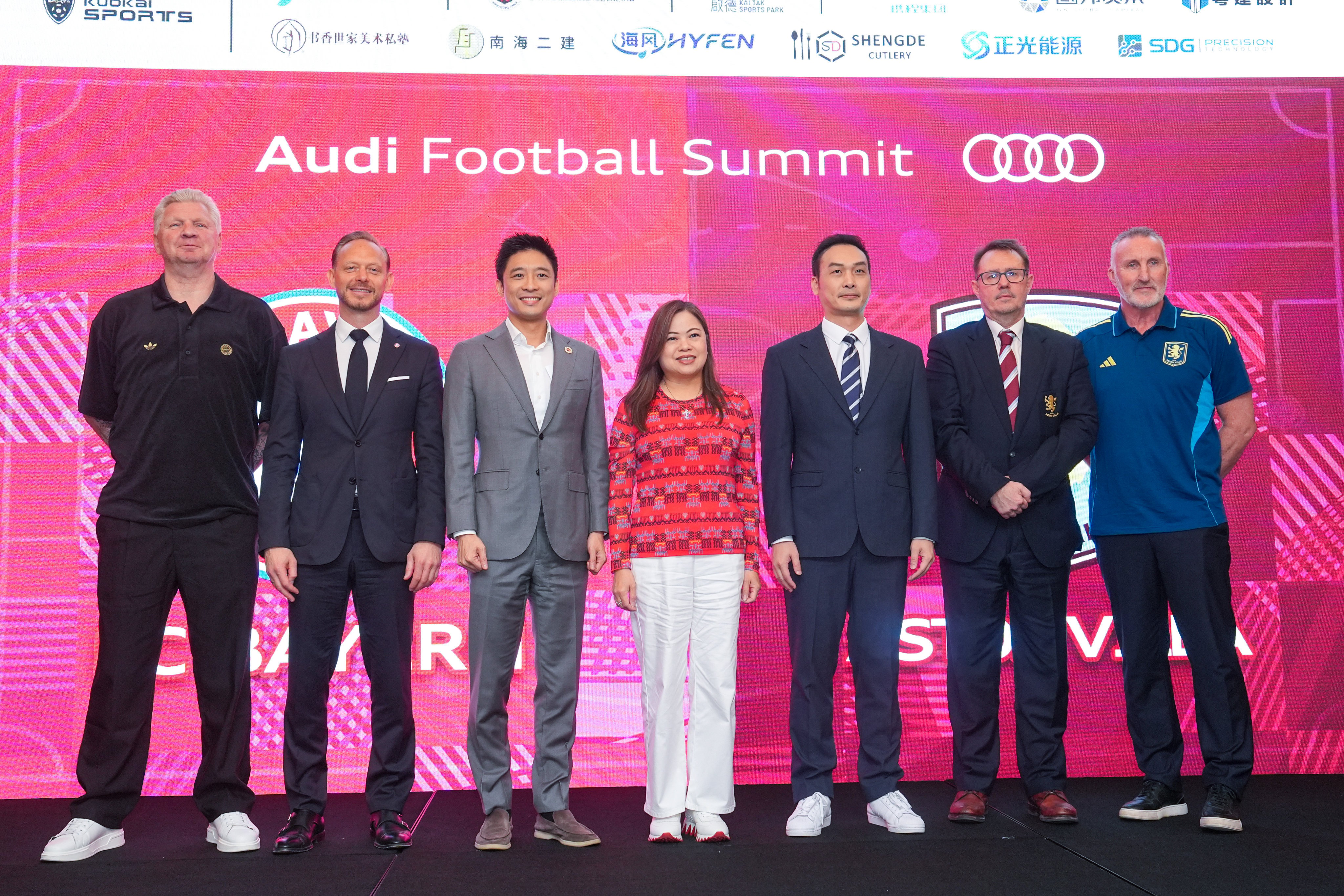 (Left to right) Stefan Effenberg, Rouven Kasper, Eric Fok, Rosanna Law, Zhou Quanqing of promoters Kuokai Sports, Ben Hatton, and former Villa and Bayern striker Alan McInally at the launch of the Audi Football Festival. Photo: Elson Li