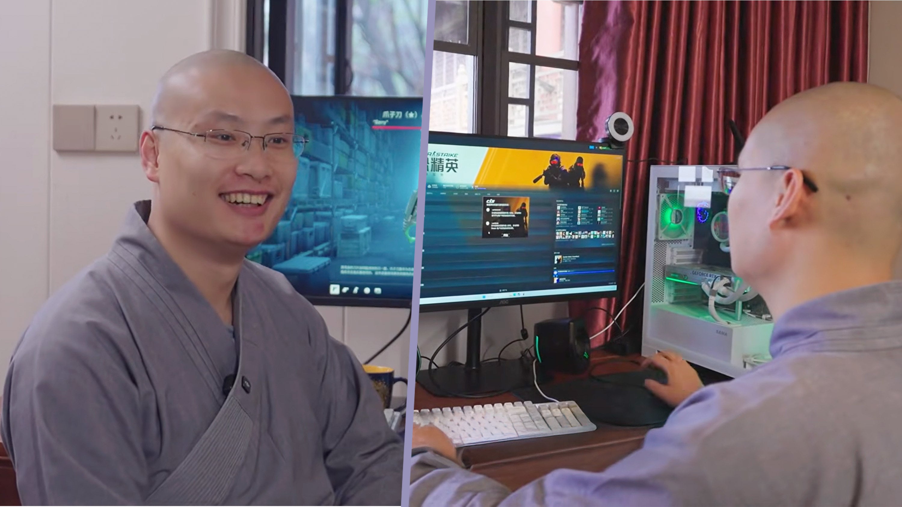 A senior monk in China has attracted attention because of his passion for playing video games. He defends this hobby, claiming it allows him to connect with others. Photo: SCMP composite/Douyin