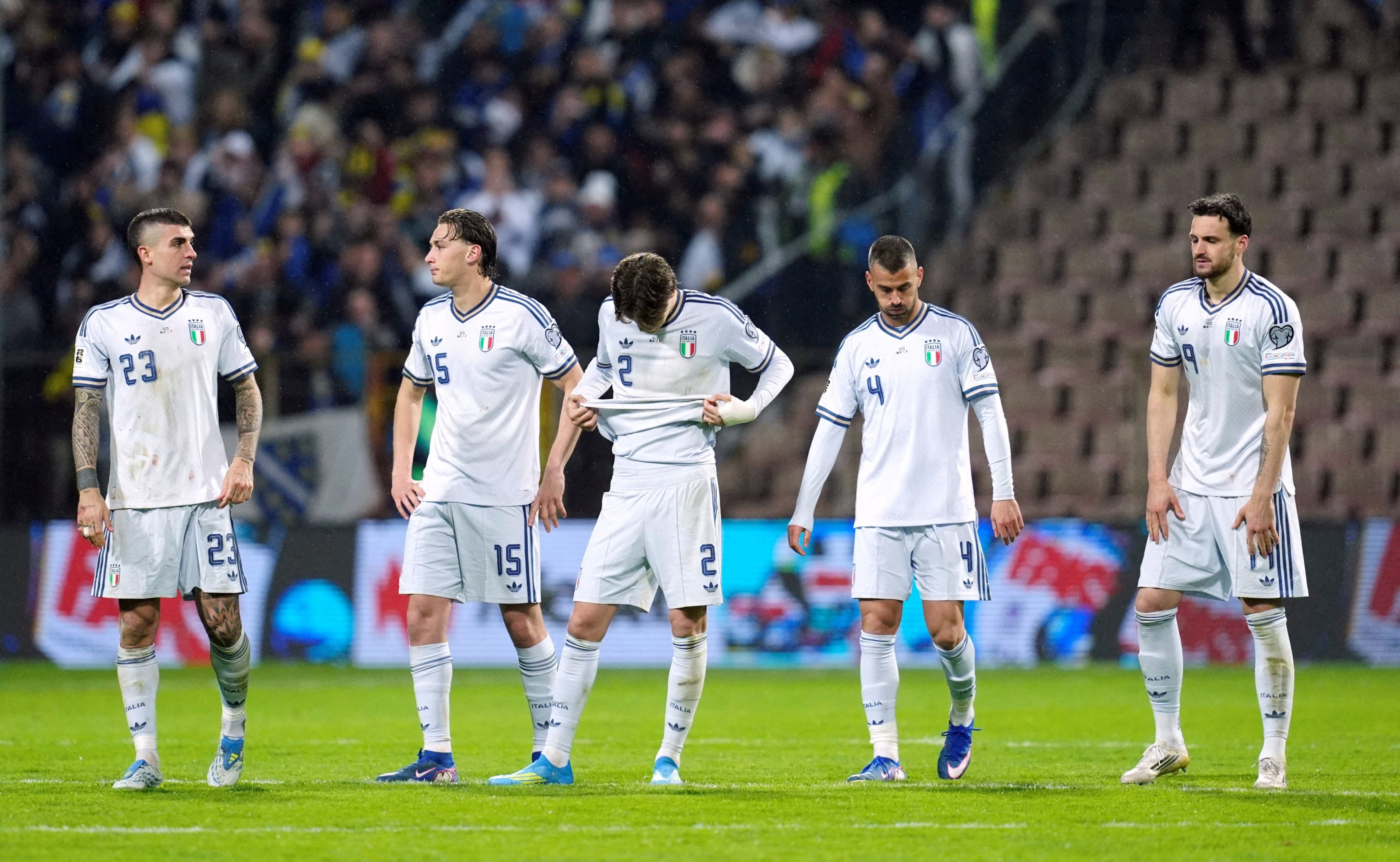 From left, Italy’s Gianluca Mancini, Pio Esposito, Marco Palestra, Leonardo Spinazzola and Federico Gatti after losing out to Bosnia Herzegovina in the final World Cup qualifier last month. Photo: Reuters
