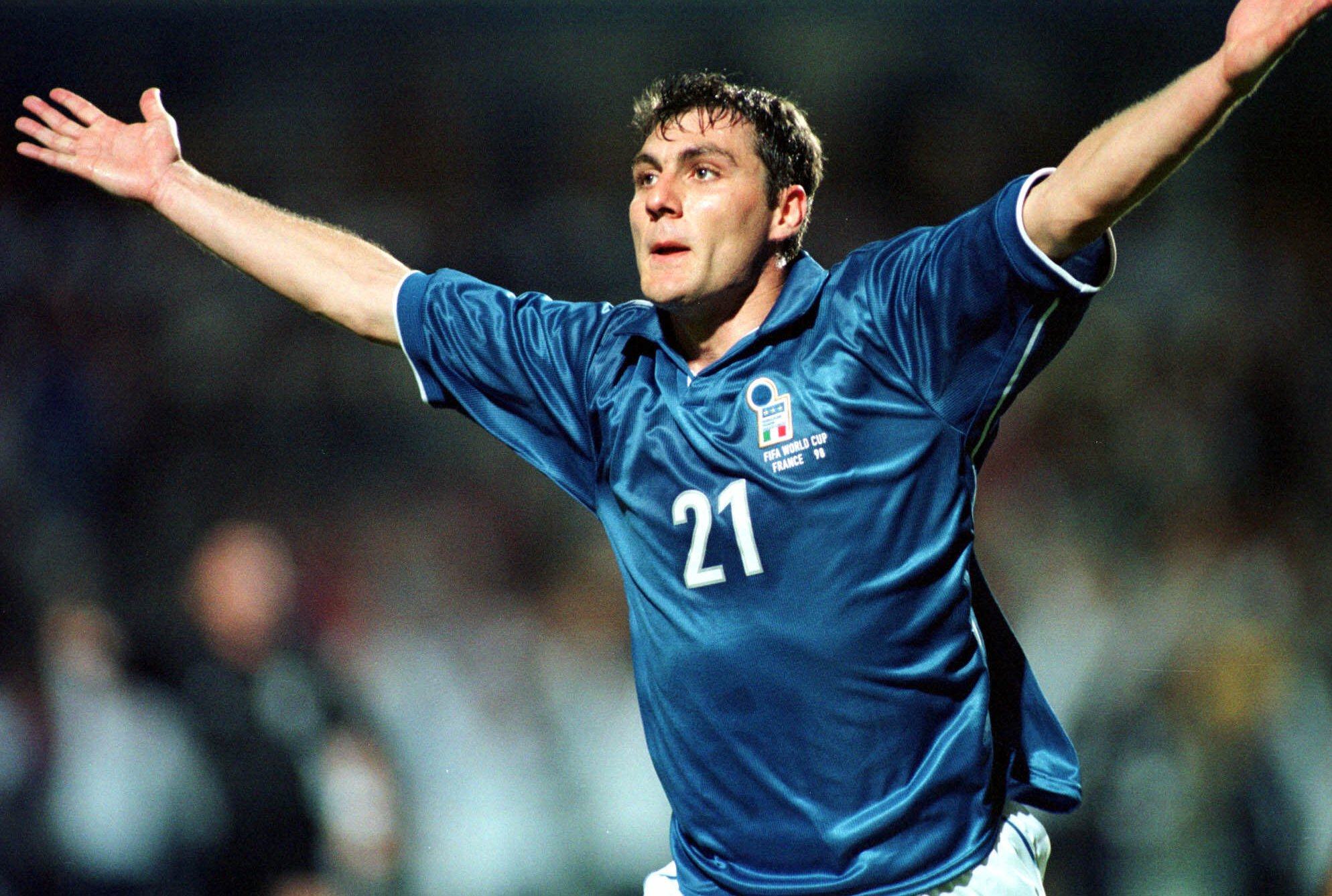 Christian Vieri rejoices after scoring the first of his two goals against Cameroon during a World Cup match at France 1998. The striker also played in the 2002 tournament. Photo: AP