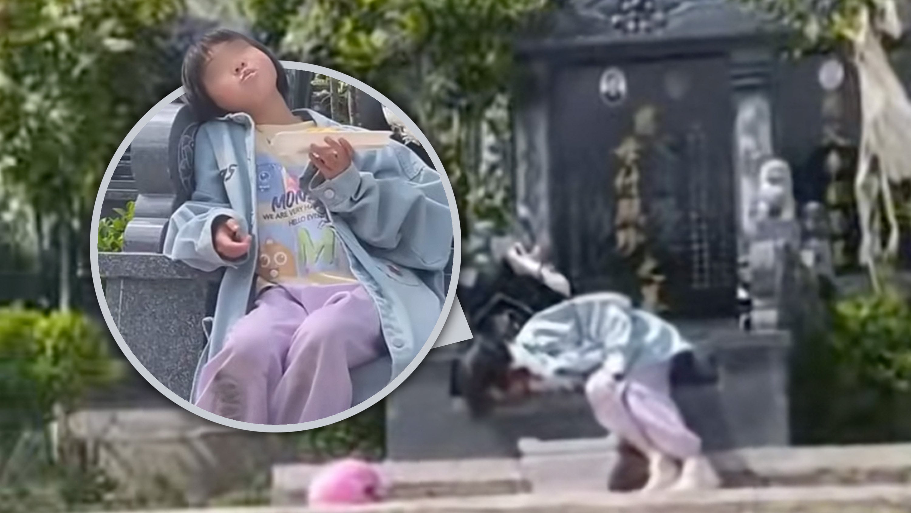 A young girl has moved many internet users with her story of insisting on remaining by her grandparents’ tombs, even sleeping nearby for a time. Photo: SCMP composite/Douyin