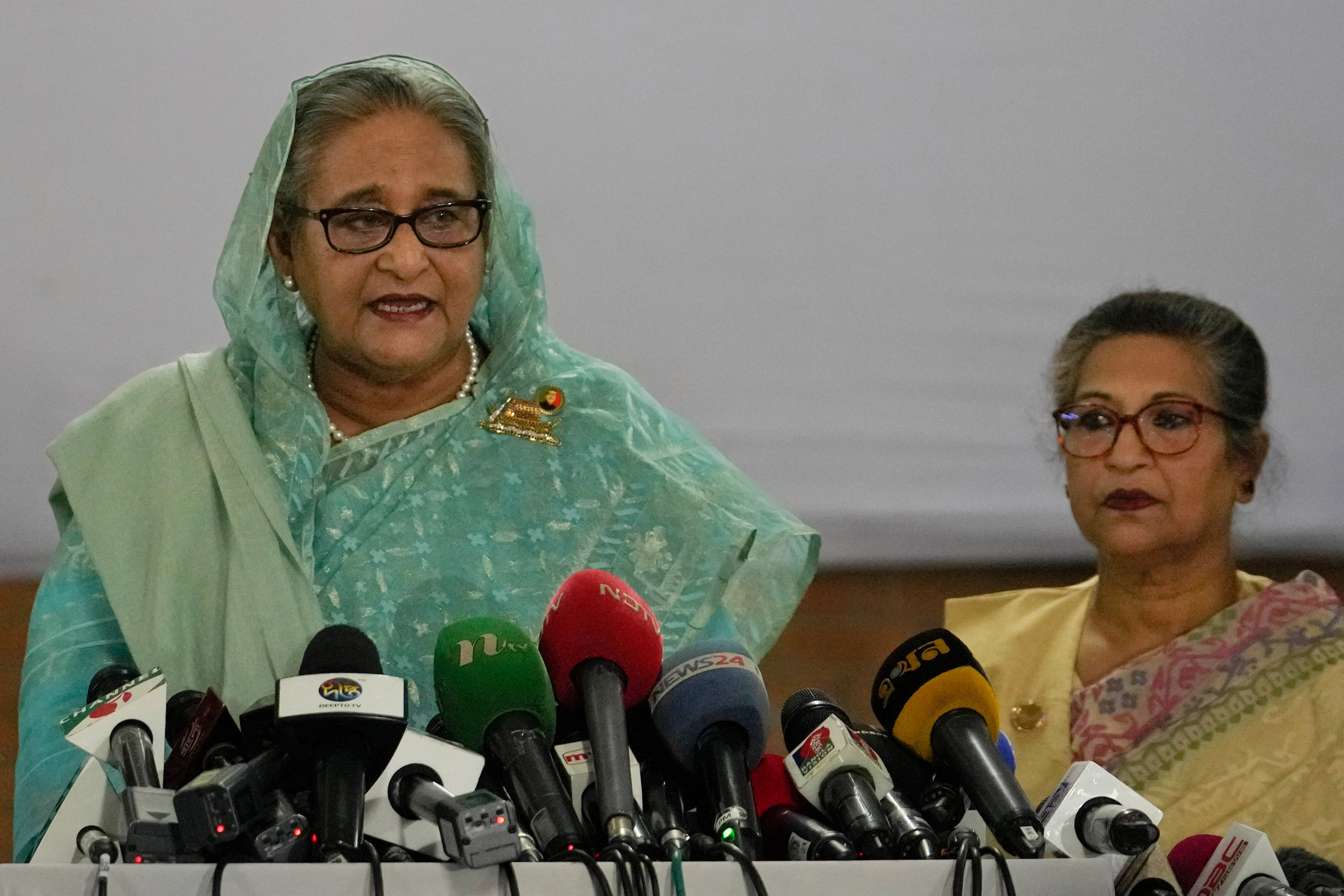 Sheikh Hasina speaks to the media after casting her vote in Dhaka on January 7, 2024. Photo: AP
