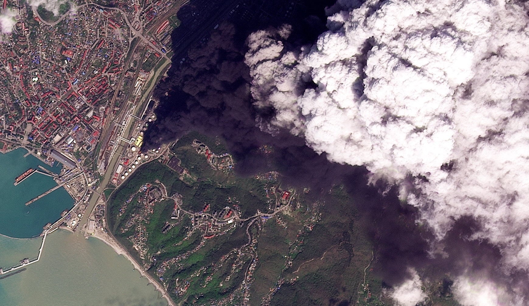 A satellite image shows smoke rising from an oil refinery in Tuapse, Russia, on Monday after an overnight strike claimed by Ukraine’s military. Photo: Planet Labs PBC/Reuters