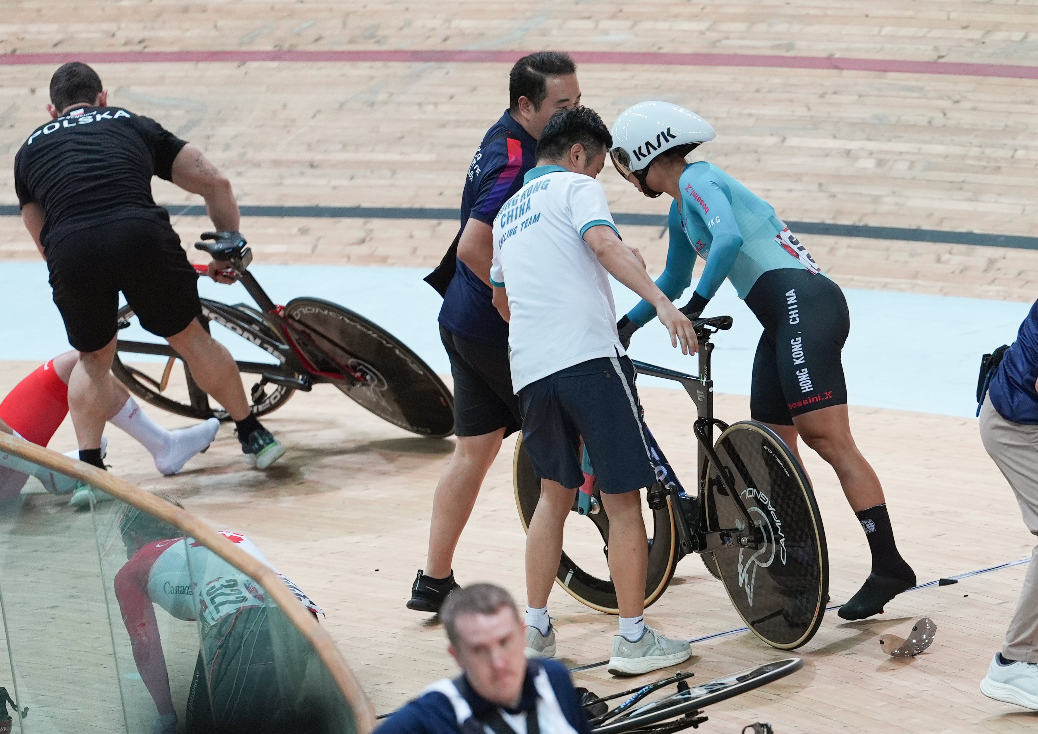 Ceci Lee picks herself up after a heavy collision at Hong Kong Velodrome on Sunday. Photo: Eugene Lee