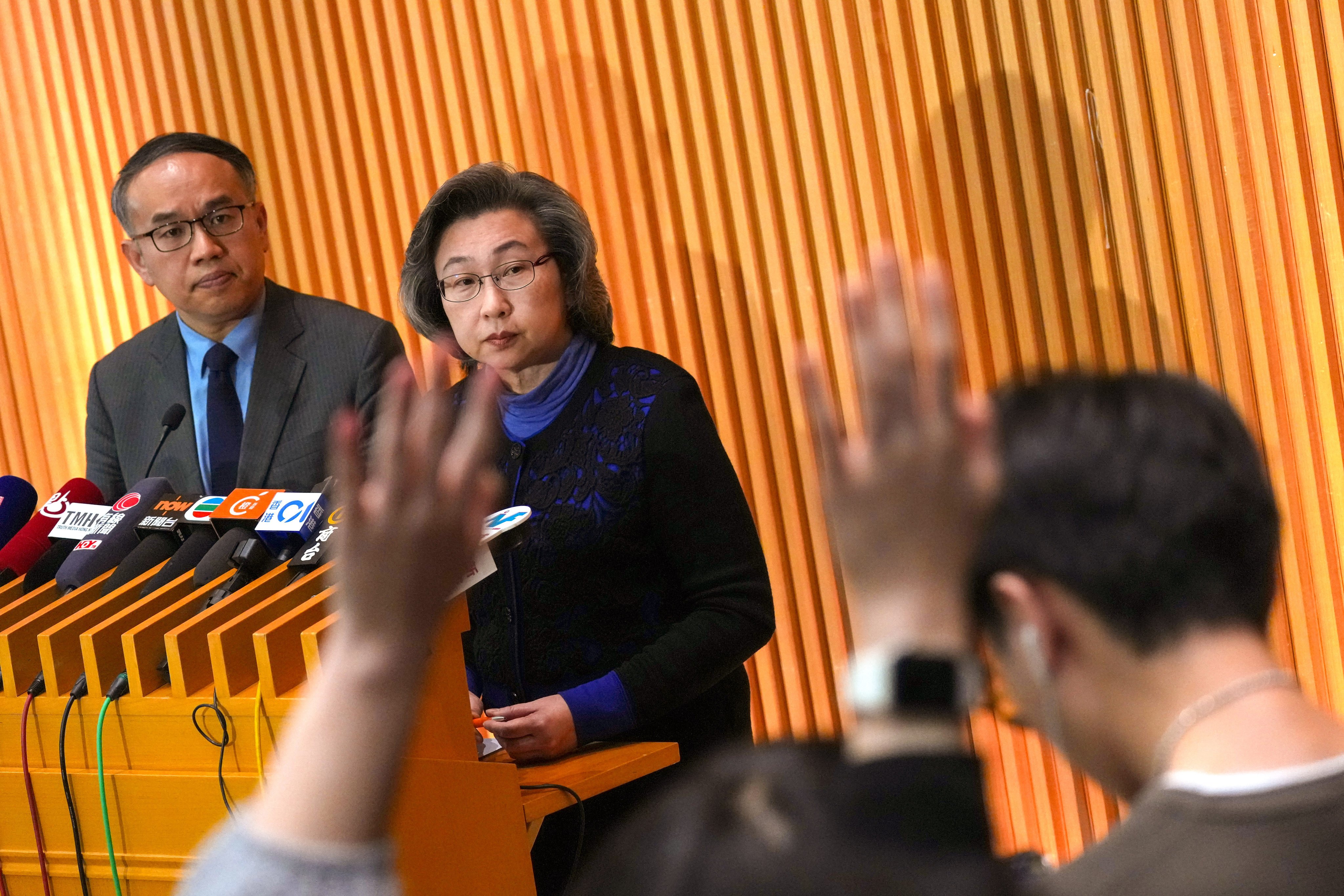 Secretary for the Civil Service Ingrid Yeung Ho Poi-yan and Secretary for Financial Services and the Treasury Christopher Hui Ching-yu at a press briefing to announce the outcome of the investigation into the water procurement incident at the government’s headquarters in Hong Kong on January 20. Photo: Jelly Tse